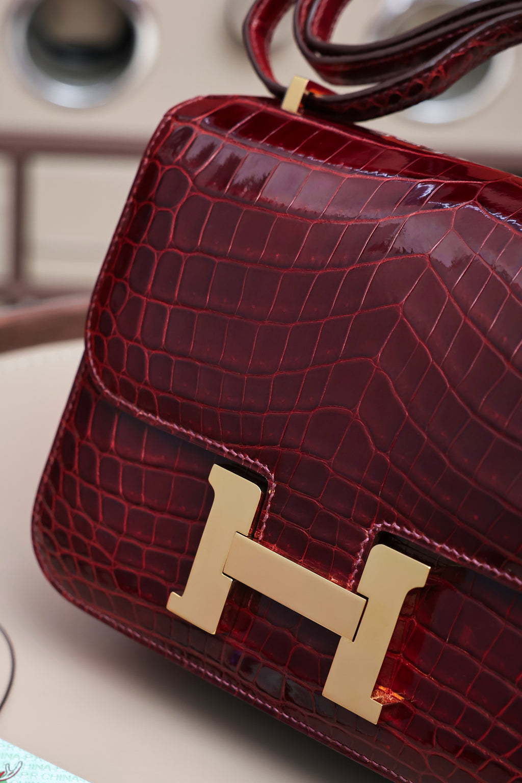 Constance- All Handmade Golden / Sliver Hardware  Bordeaux Crocodile leather