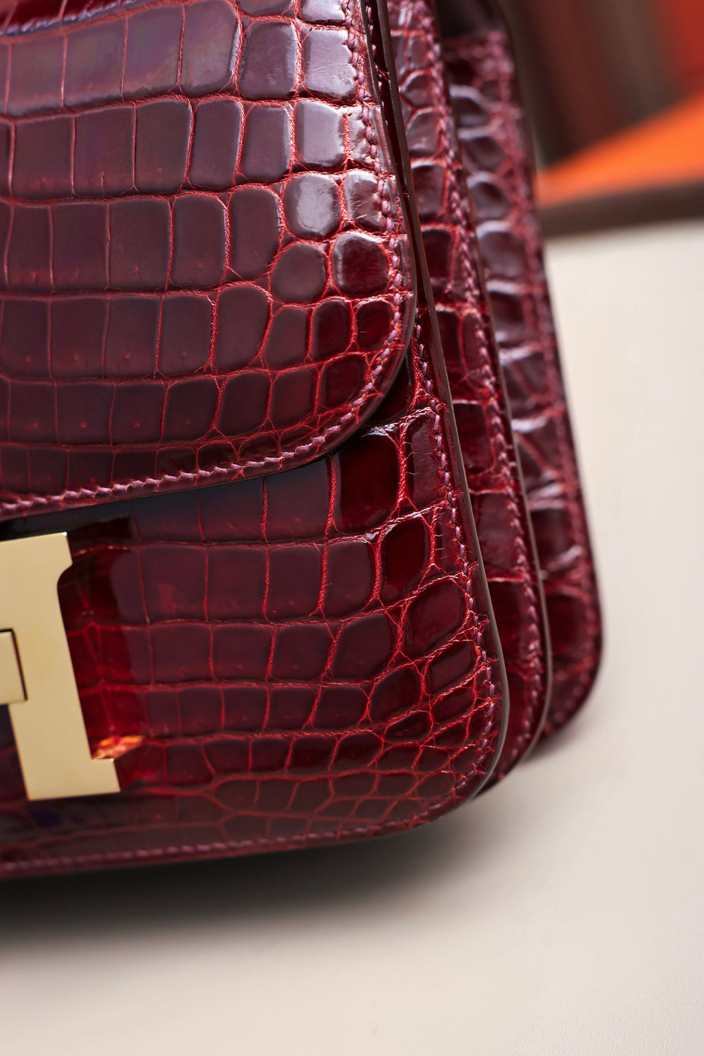 Constance- All Handmade Golden / Sliver Hardware  Bordeaux Crocodile leather