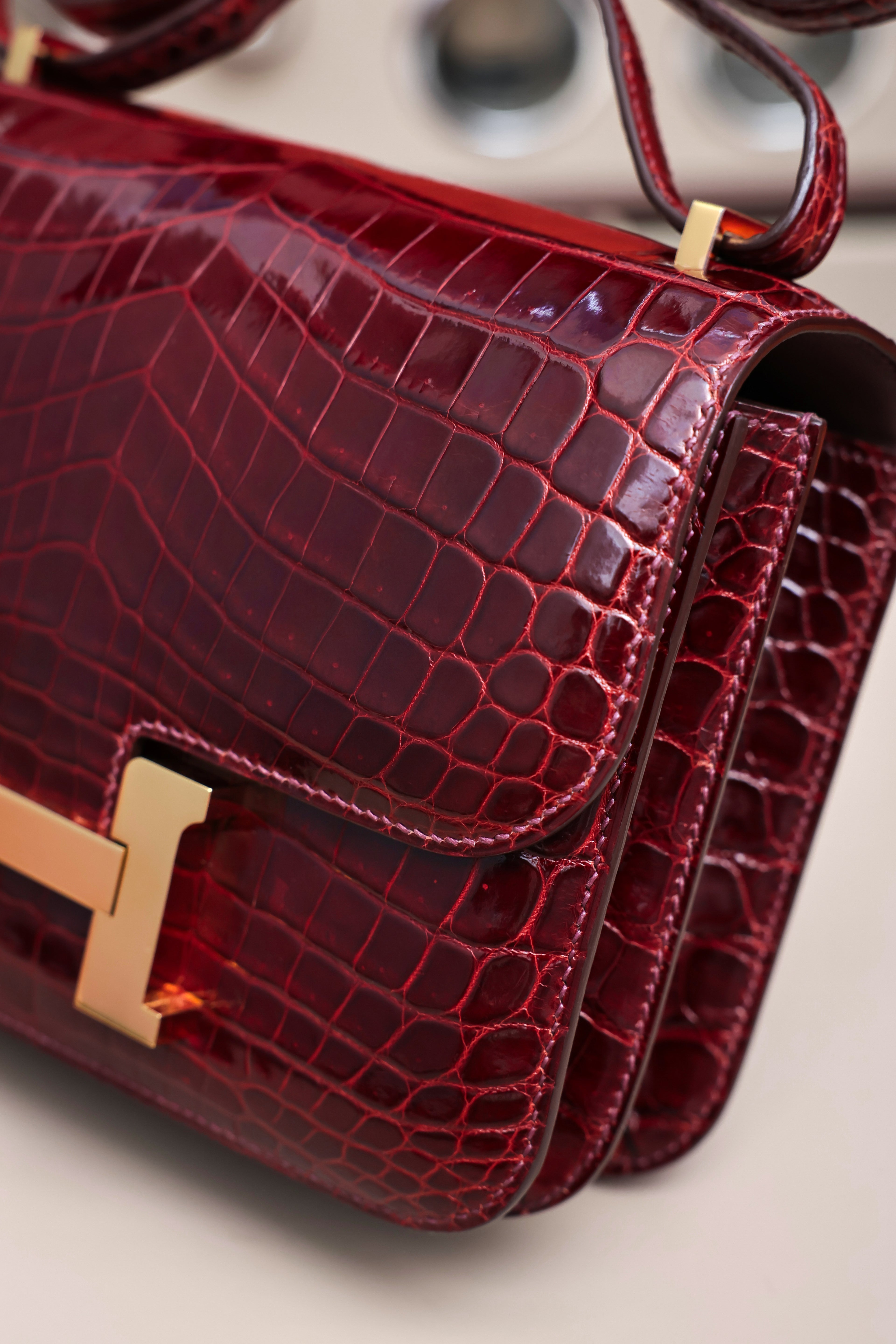 Constance- All Handmade Golden / Sliver Hardware  Bordeaux Crocodile leather
