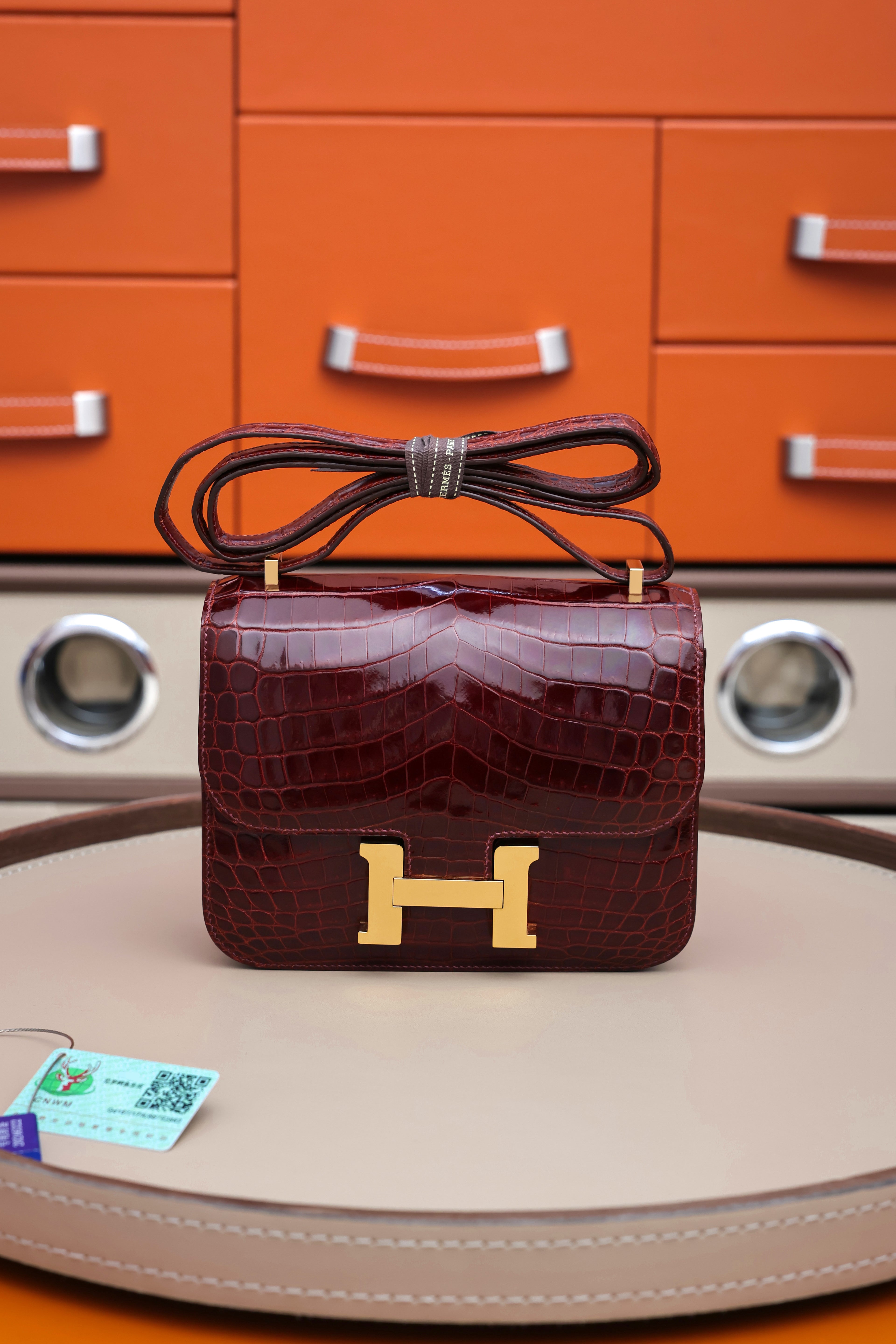 Constance- All Handmade Golden / Sliver Hardware  Bordeaux Crocodile leather