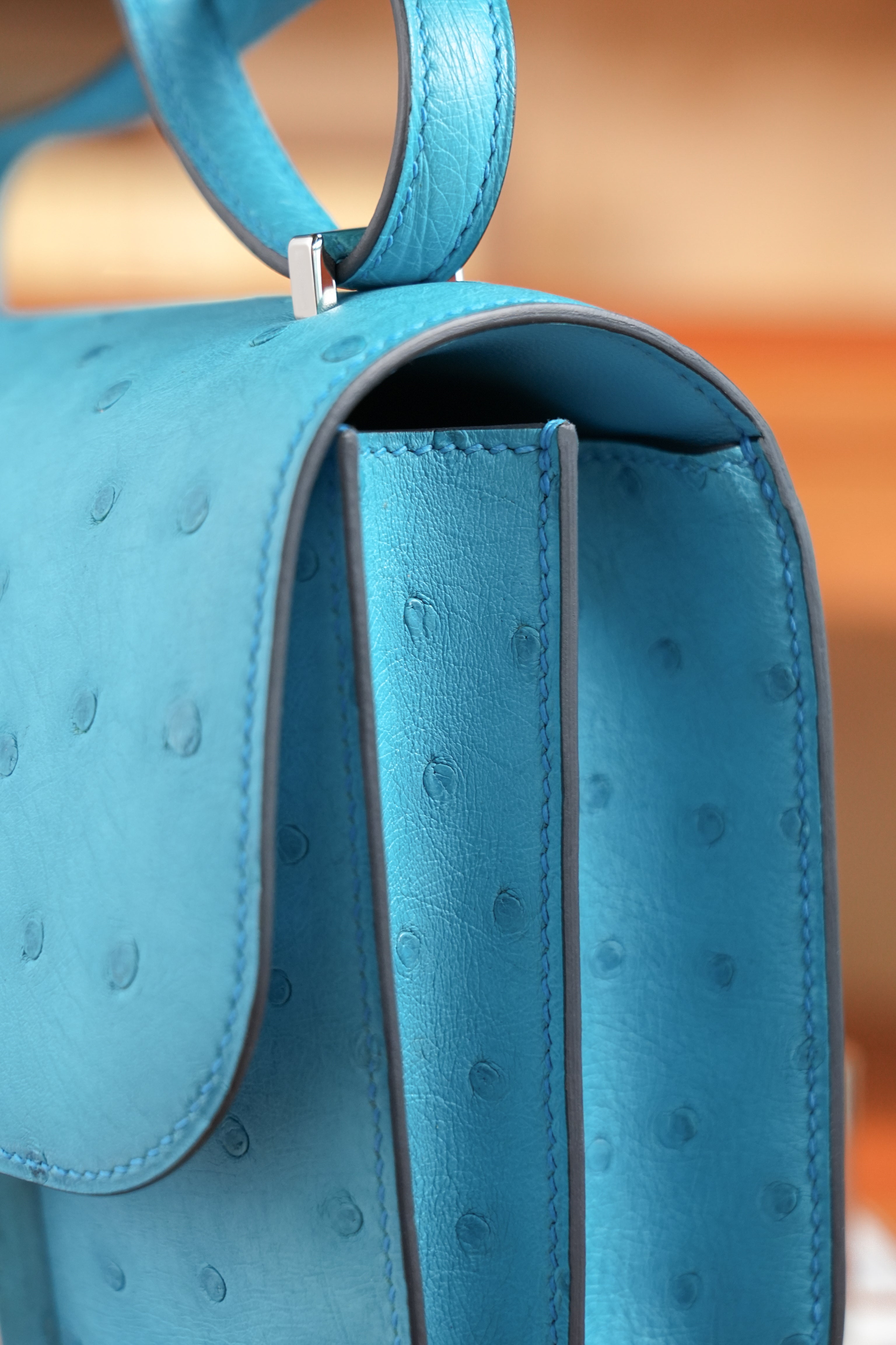 Constance- All Handmade Golden / Sliver Bleu Azteque Ostrich  leather