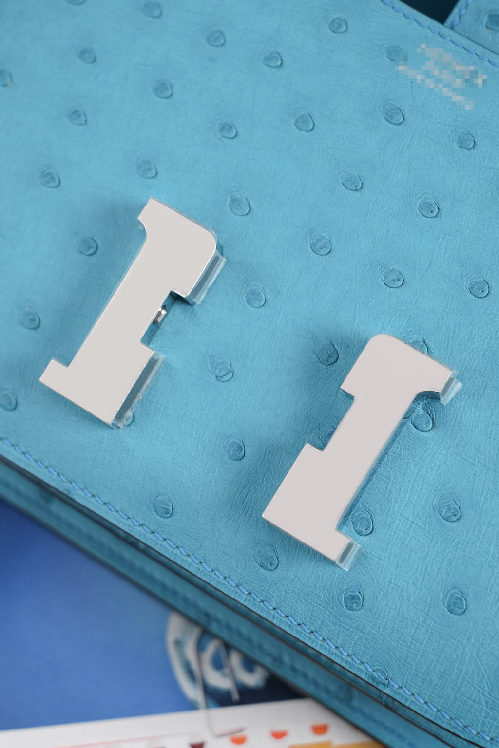 Constance- All Handmade Golden / Sliver Bleu Azteque Ostrich  leather