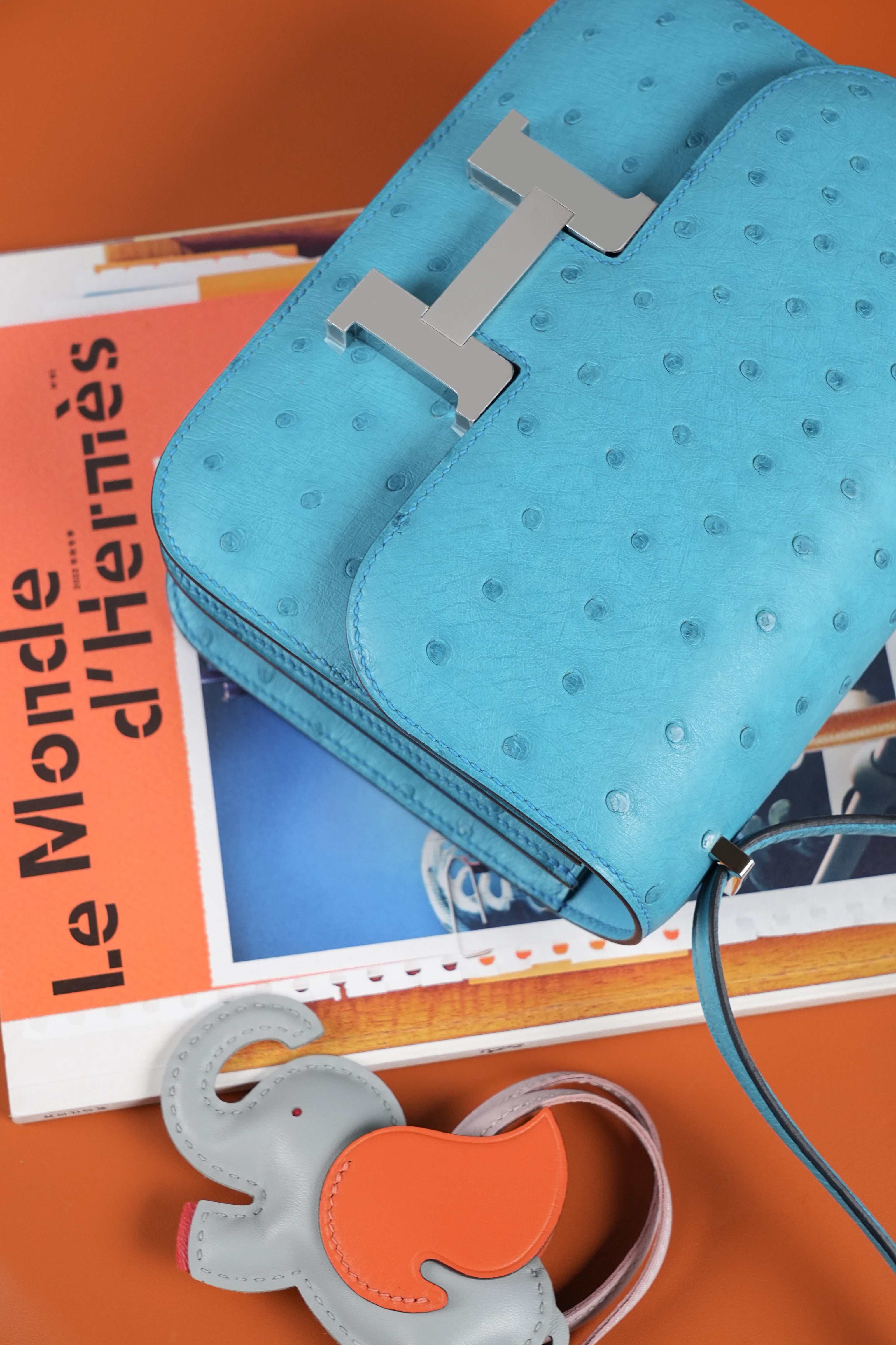 Constance- All Handmade Golden / Sliver Bleu Azteque Ostrich  leather