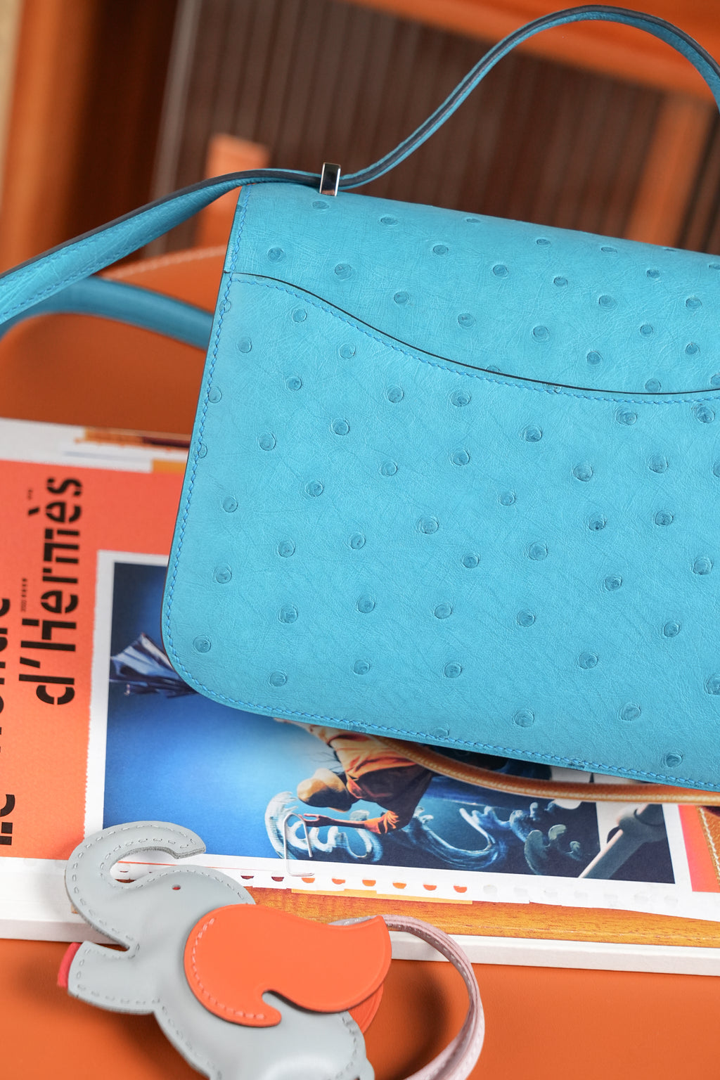 Constance- All Handmade Golden / Sliver Bleu Azteque Ostrich  leather