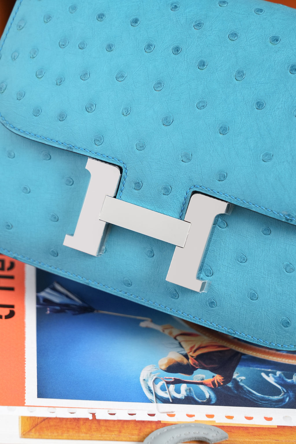 Constance- All Handmade Golden / Sliver Bleu Azteque Ostrich  leather