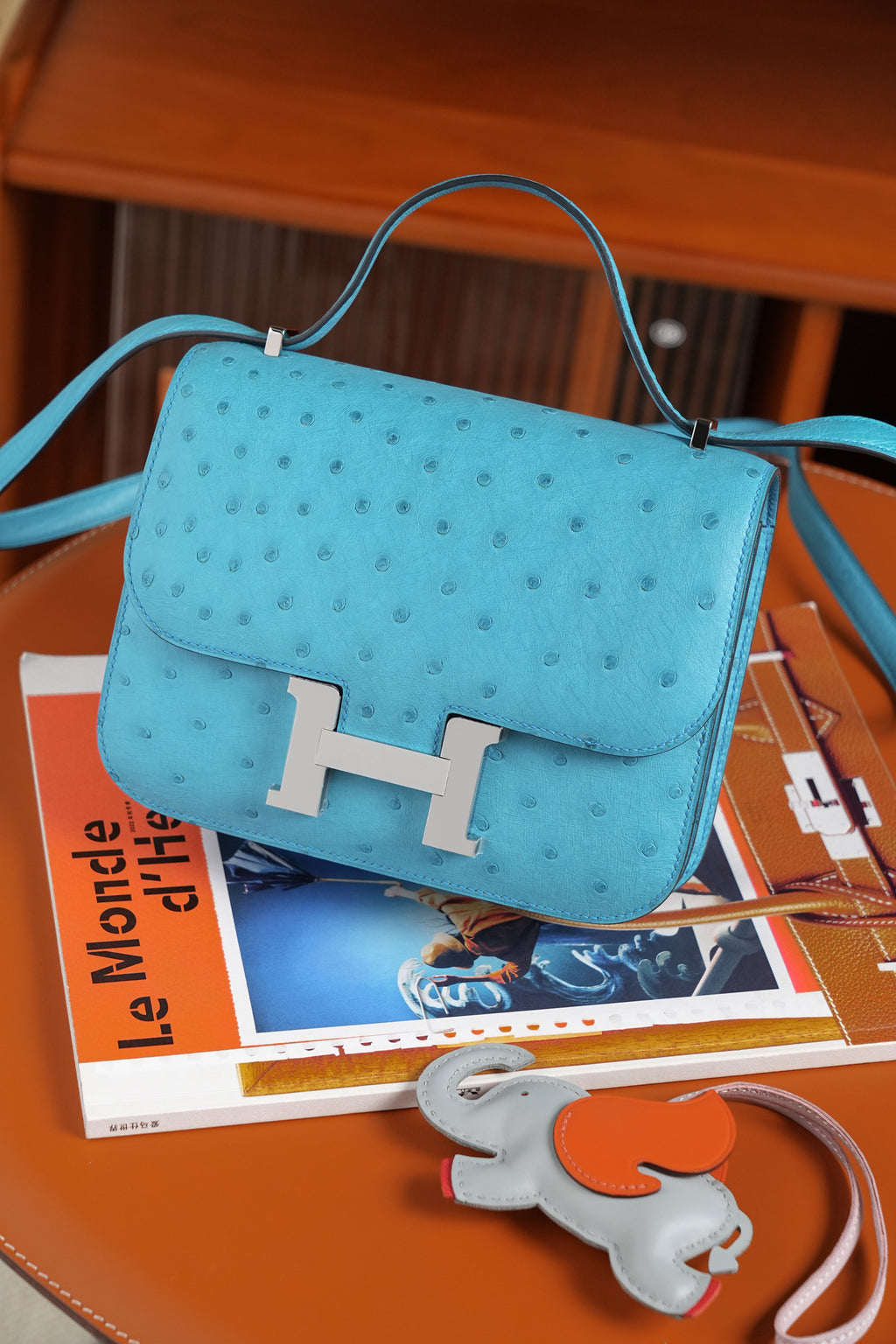 Constance- All Handmade Golden / Sliver Bleu Azteque Ostrich  leather