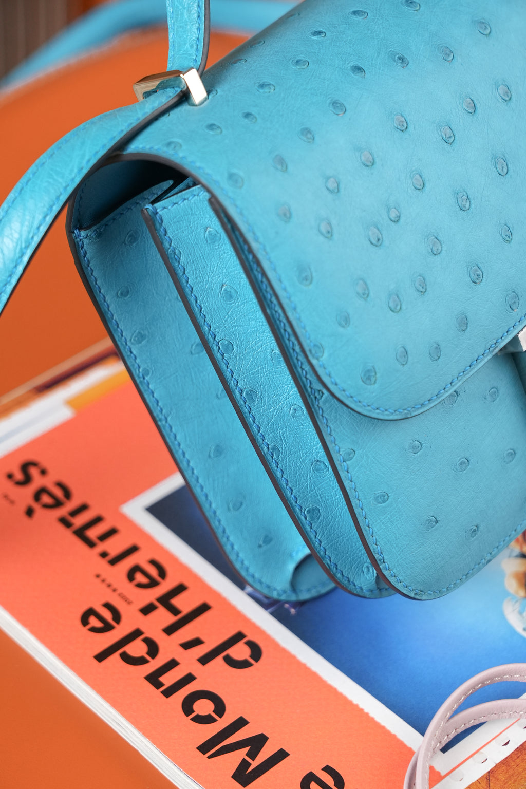 Constance- All Handmade Golden / Sliver Bleu Azteque Ostrich  leather