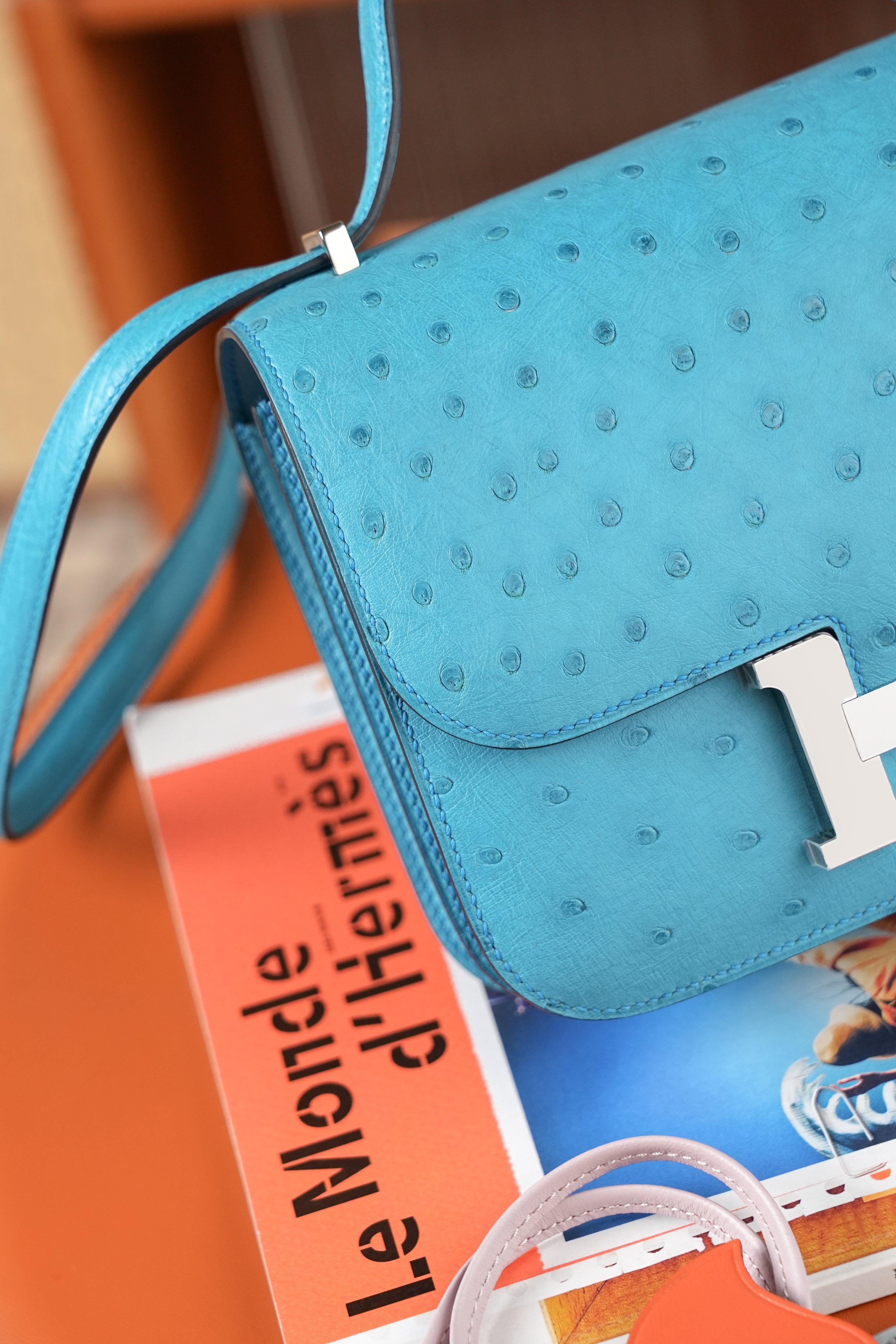 Constance- All Handmade Golden / Sliver Bleu Azteque Ostrich  leather