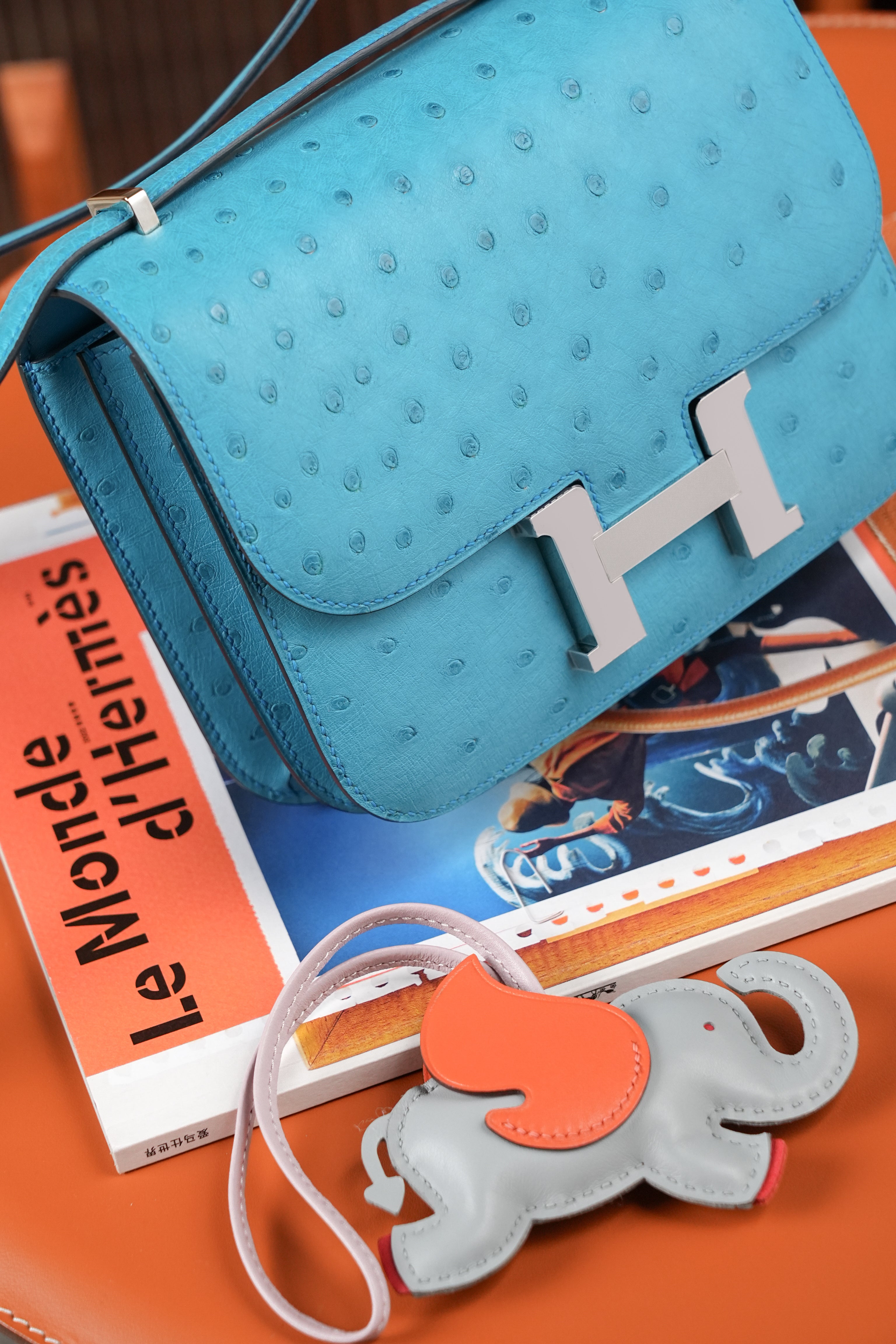 Constance- All Handmade Golden / Sliver Bleu Azteque Ostrich  leather