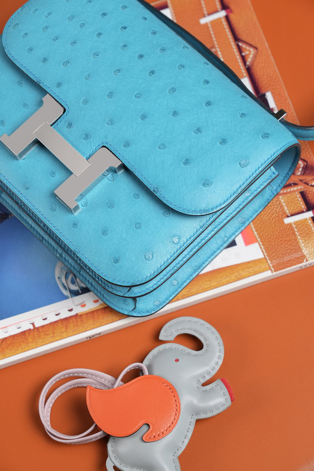 Constance- All Handmade Golden / Sliver Bleu Azteque Ostrich  leather