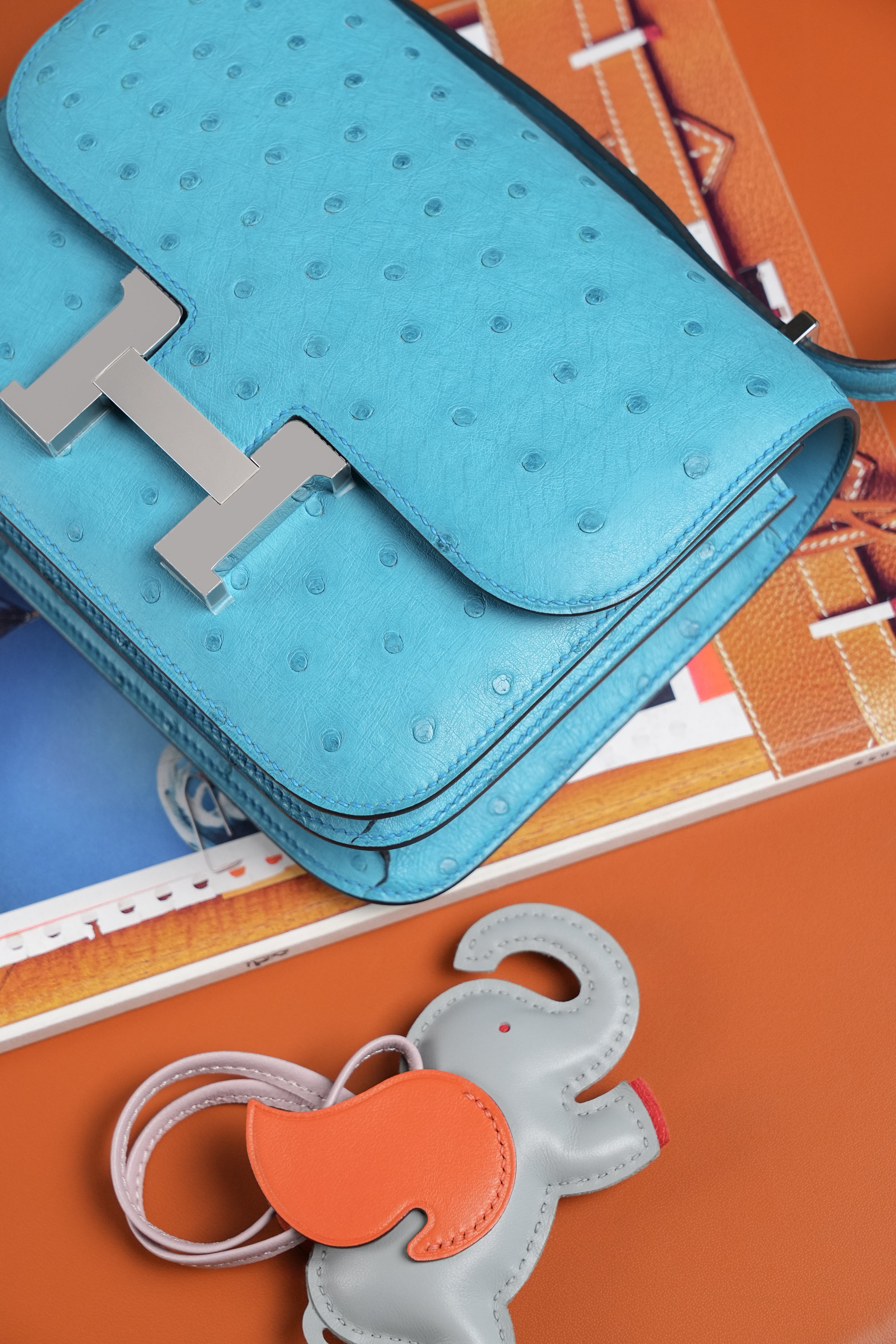 Constance- All Handmade Golden / Sliver Bleu Azteque Ostrich  leather