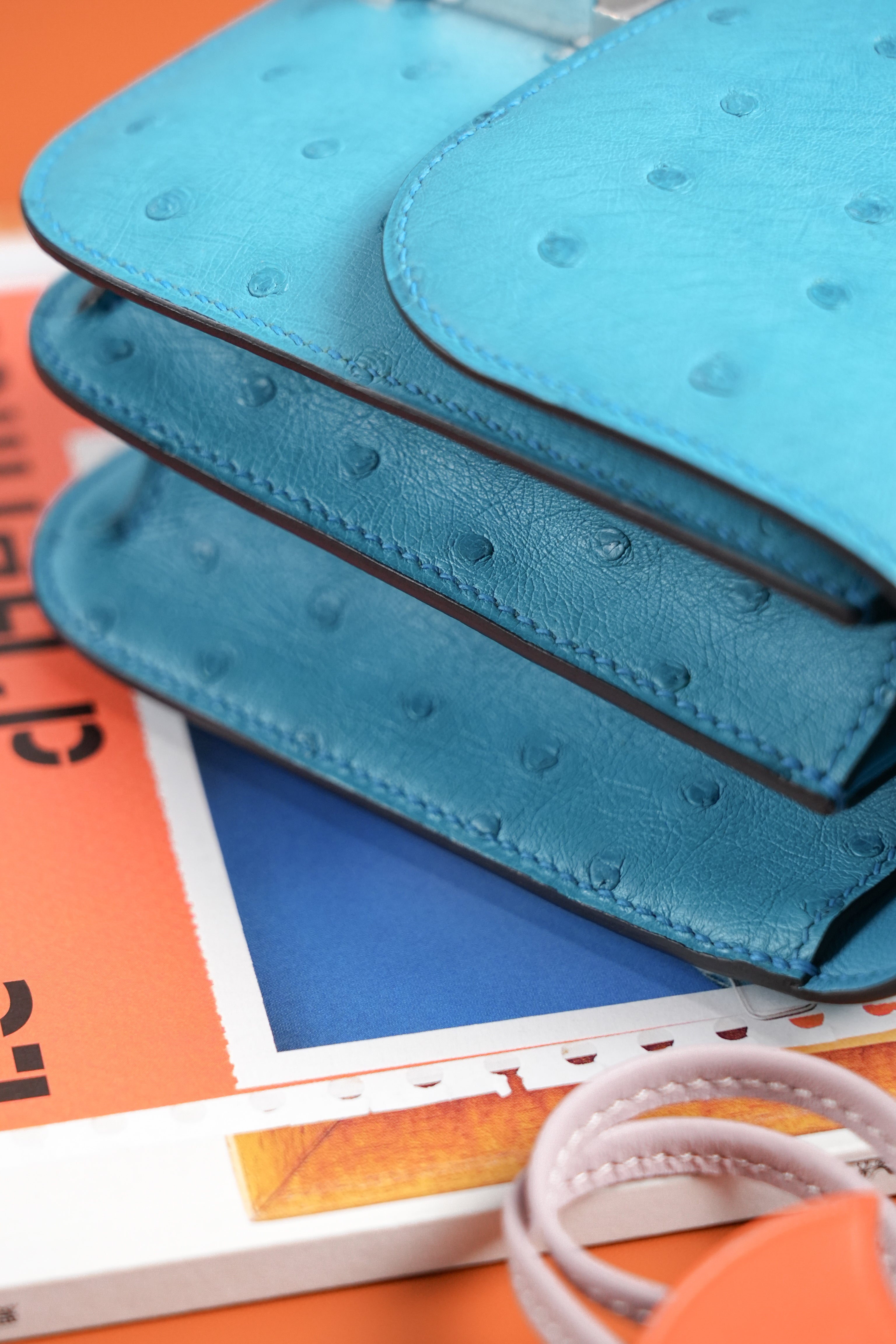 Constance- All Handmade Golden / Sliver Bleu Azteque Ostrich  leather