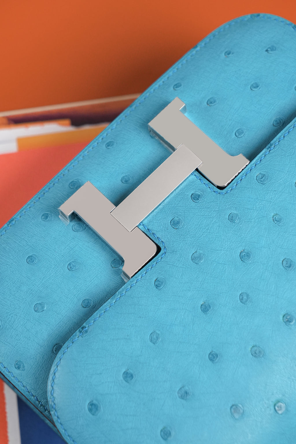 Constance- All Handmade Golden / Sliver Bleu Azteque Ostrich  leather