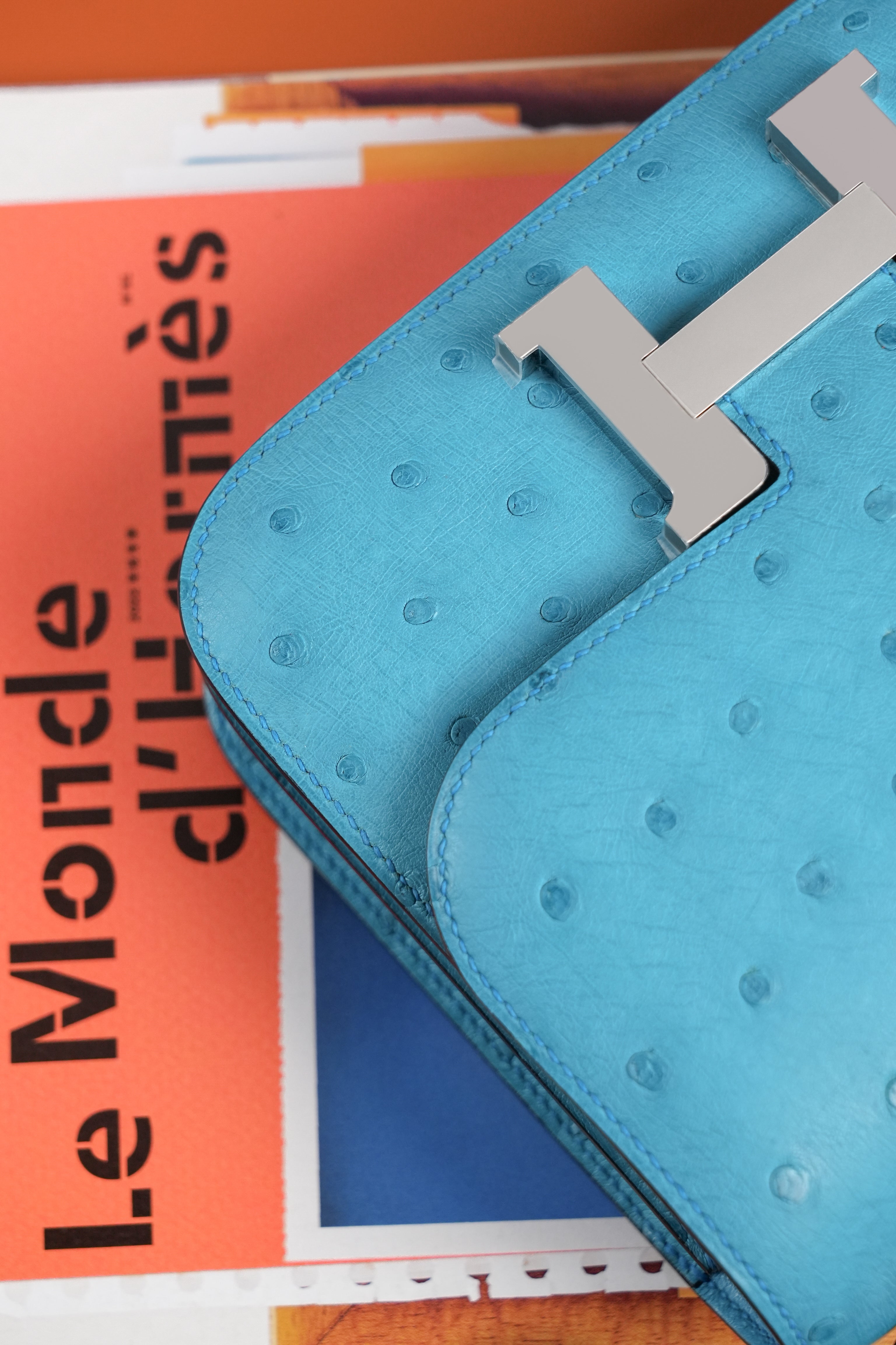 Constance- All Handmade Golden / Sliver Bleu Azteque Ostrich  leather