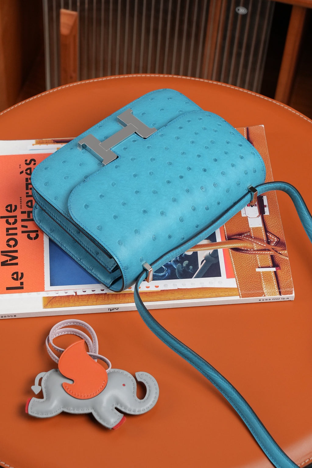 Constance- All Handmade Golden / Sliver Bleu Azteque Ostrich  leather