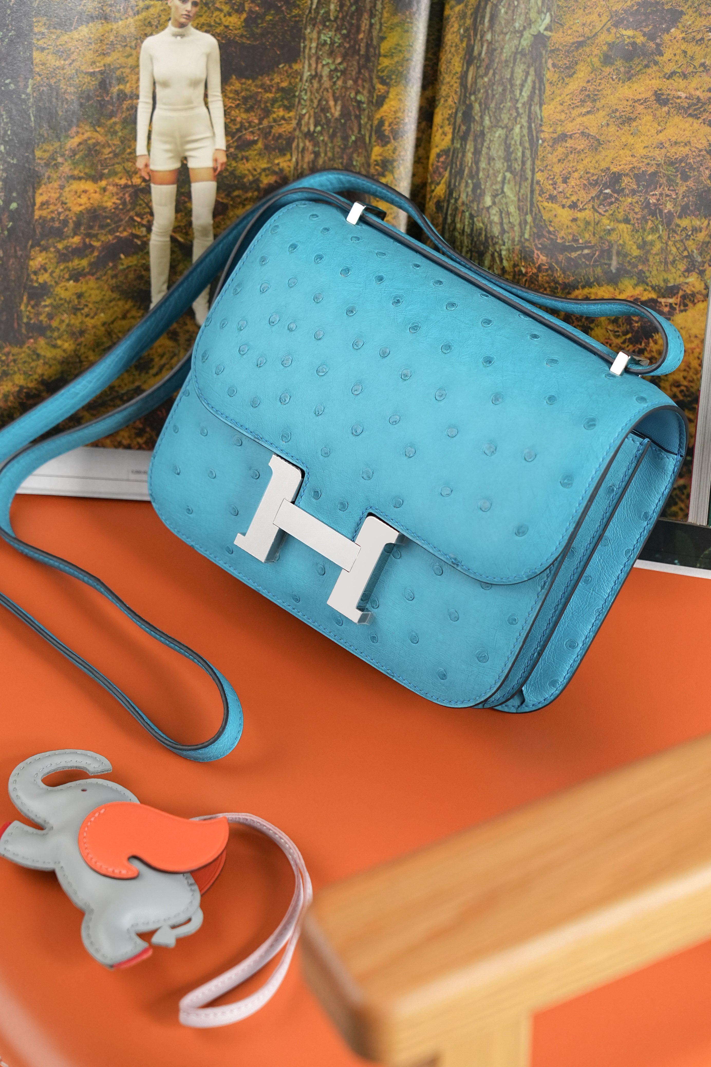 Constance- All Handmade Golden / Sliver Bleu Azteque Ostrich  leather