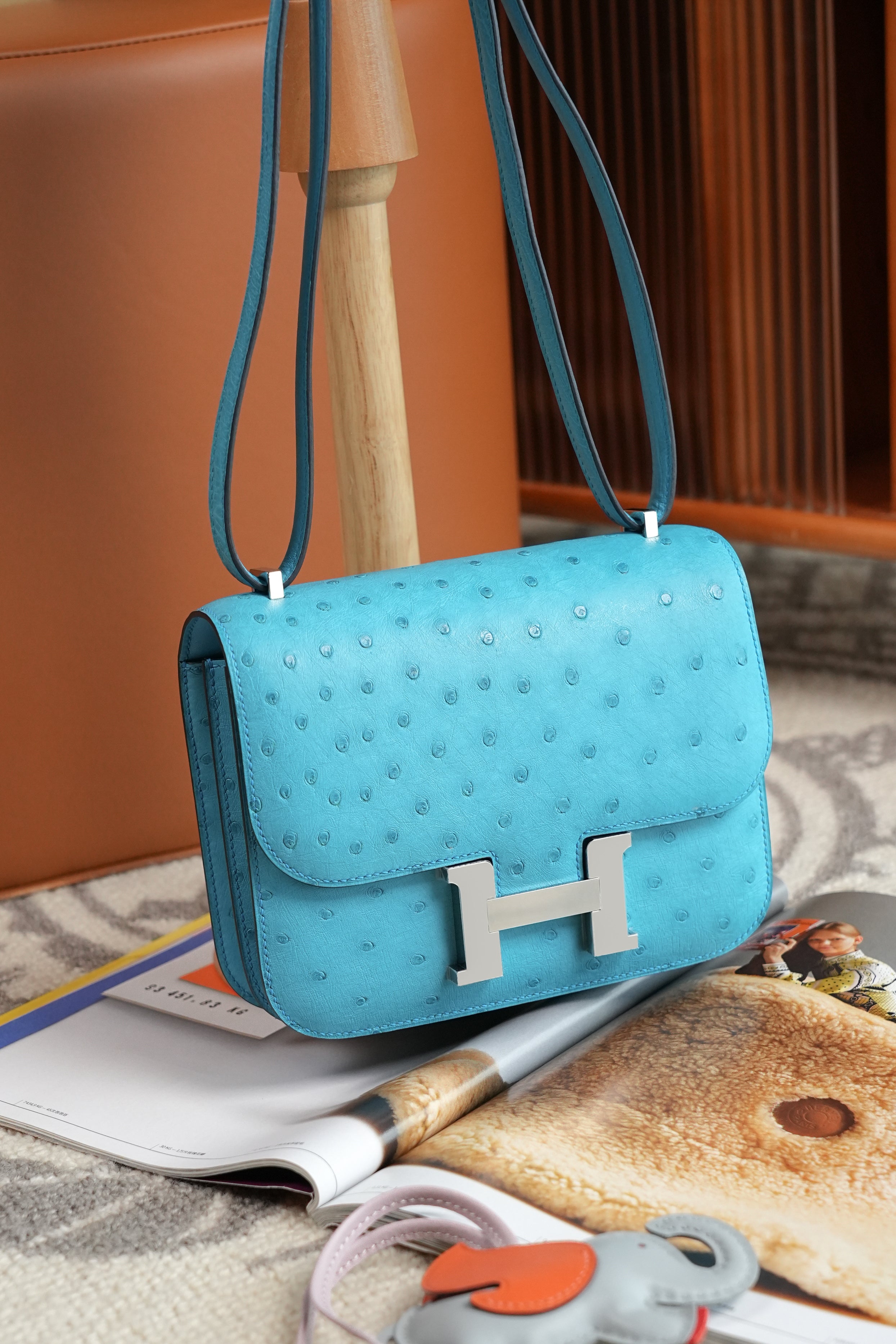 Constance- All Handmade Golden / Sliver Bleu Azteque Ostrich  leather