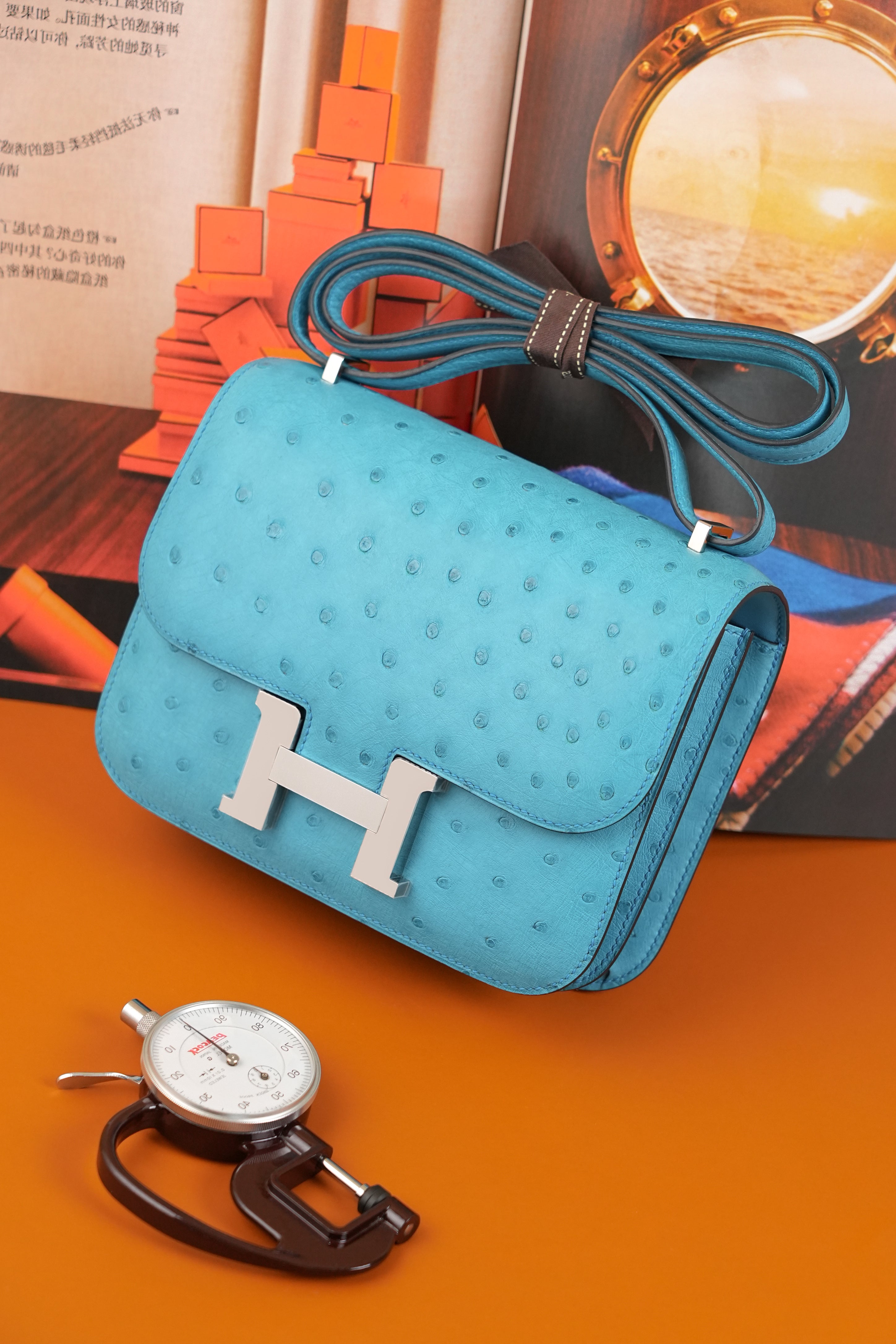 Constance- All Handmade Golden / Sliver Bleu Azteque Ostrich  leather