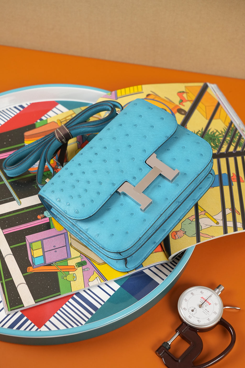 Constance- All Handmade Golden / Sliver Bleu Azteque Ostrich  leather