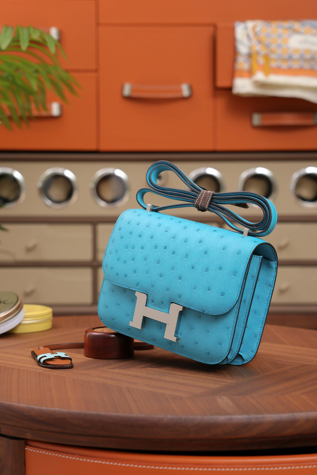 Constance- All Handmade Golden / Sliver Bleu Azteque Ostrich  leather