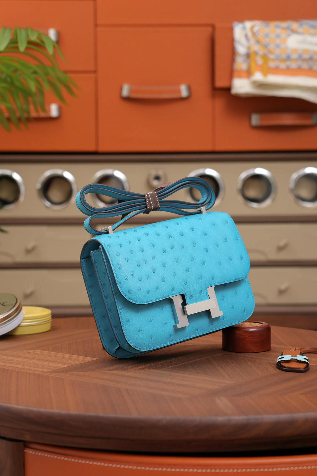 Constance- All Handmade Golden / Sliver Bleu Azteque Ostrich  leather