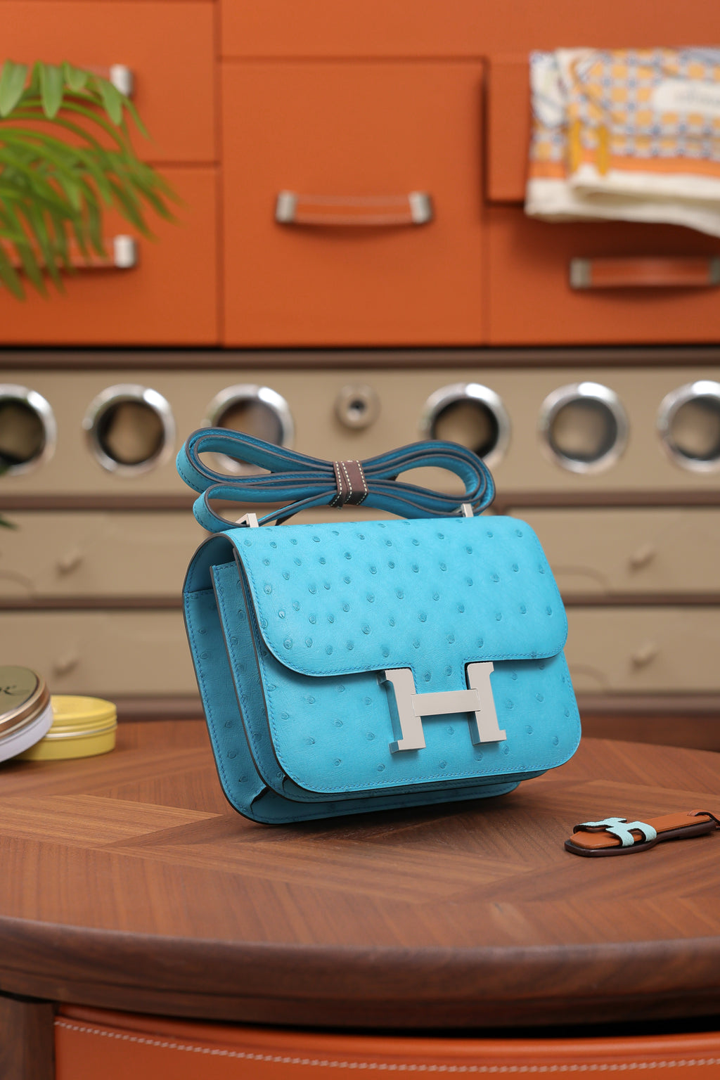 Constance- All Handmade Golden / Sliver Bleu Azteque Ostrich  leather