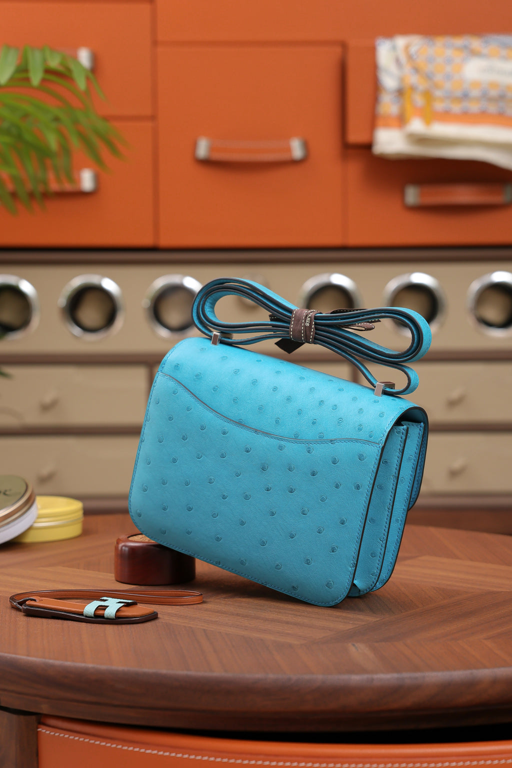 Constance- All Handmade Golden / Sliver Bleu Azteque Ostrich  leather