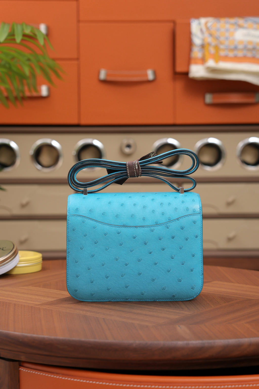 Constance- All Handmade Golden / Sliver Bleu Azteque Ostrich  leather