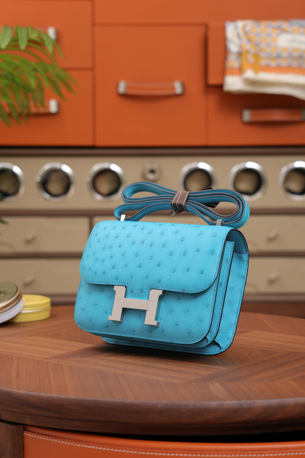 Constance- All Handmade Golden / Sliver Bleu Azteque Ostrich  leather