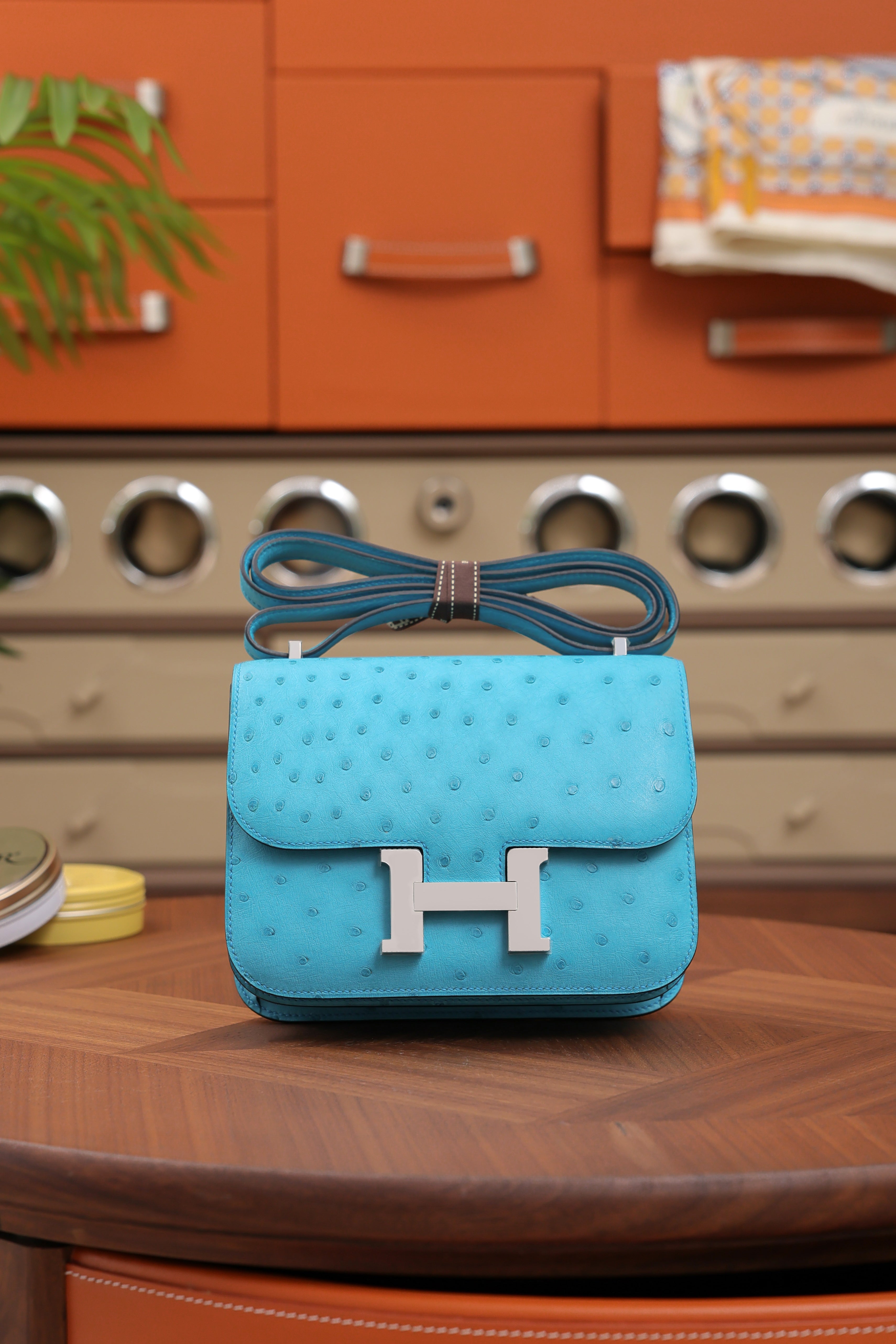 Constance- All Handmade Golden / Sliver Bleu Azteque Ostrich  leather