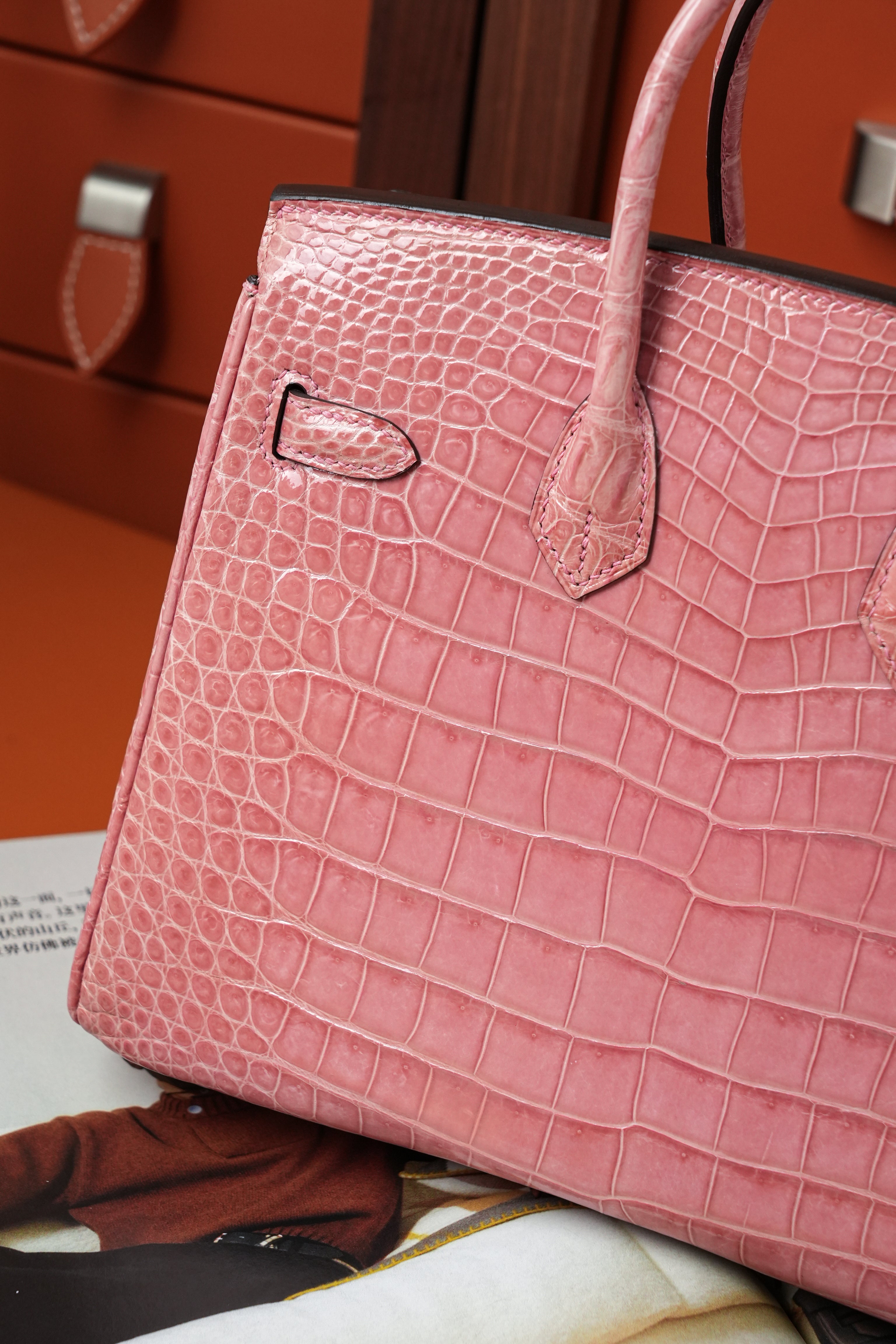 BK-2024 All Handmade Golden Hardware Fuchsia Bright surface Porosus Crocodile leather
