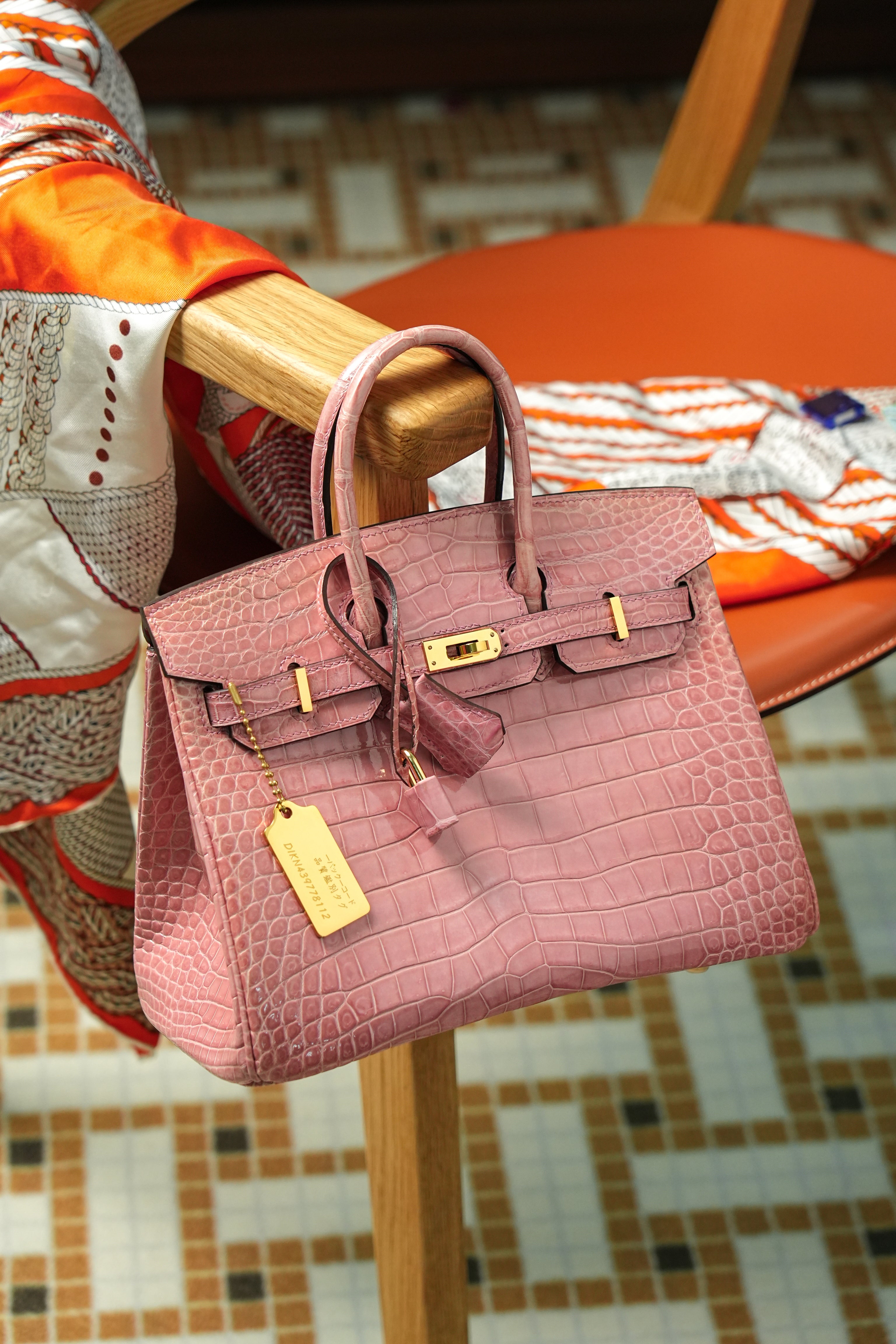 BK-2024 All Handmade Golden Hardware Fuchsia Bright surface Porosus Crocodile leather