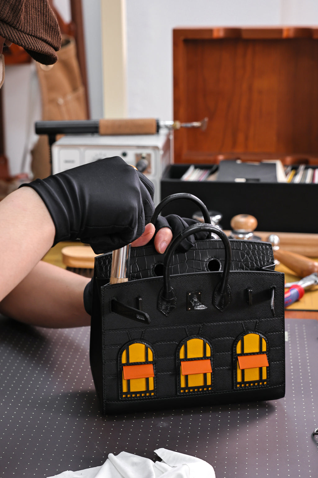 Birkin- All Handmade Golden / Sliver Noir Crocodile leather