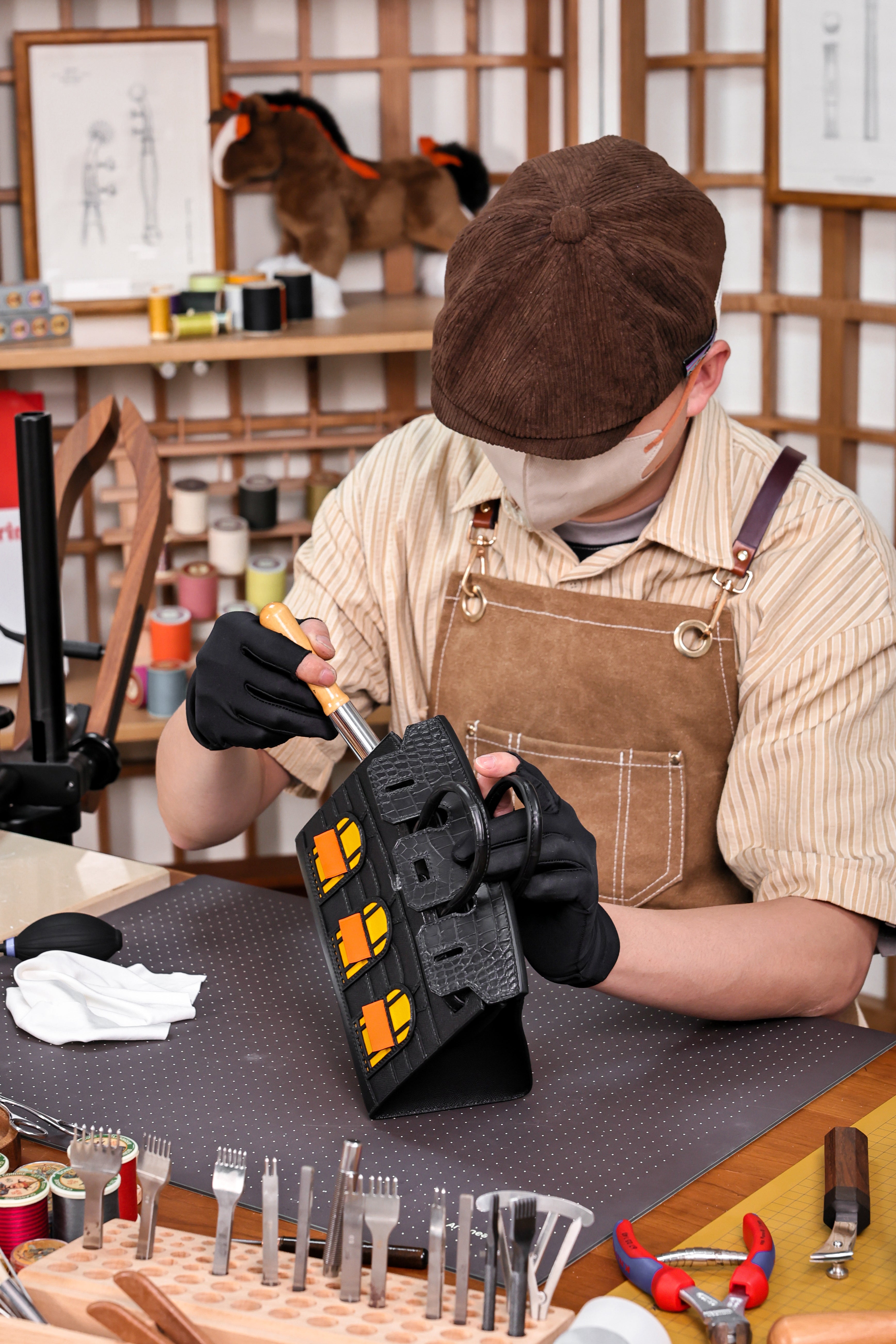 Birkin- All Handmade Golden / Sliver Noir Crocodile leather