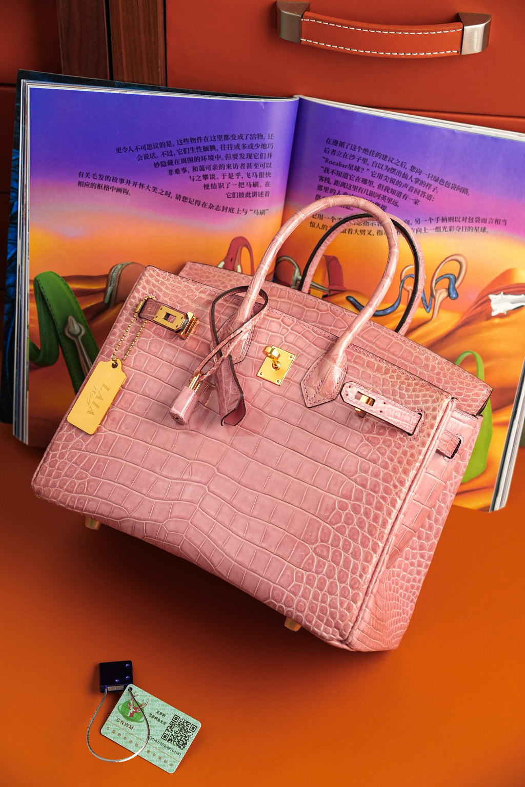 BK-2024 All Handmade Golden Hardware Fuchsia Bright surface Porosus Crocodile leather