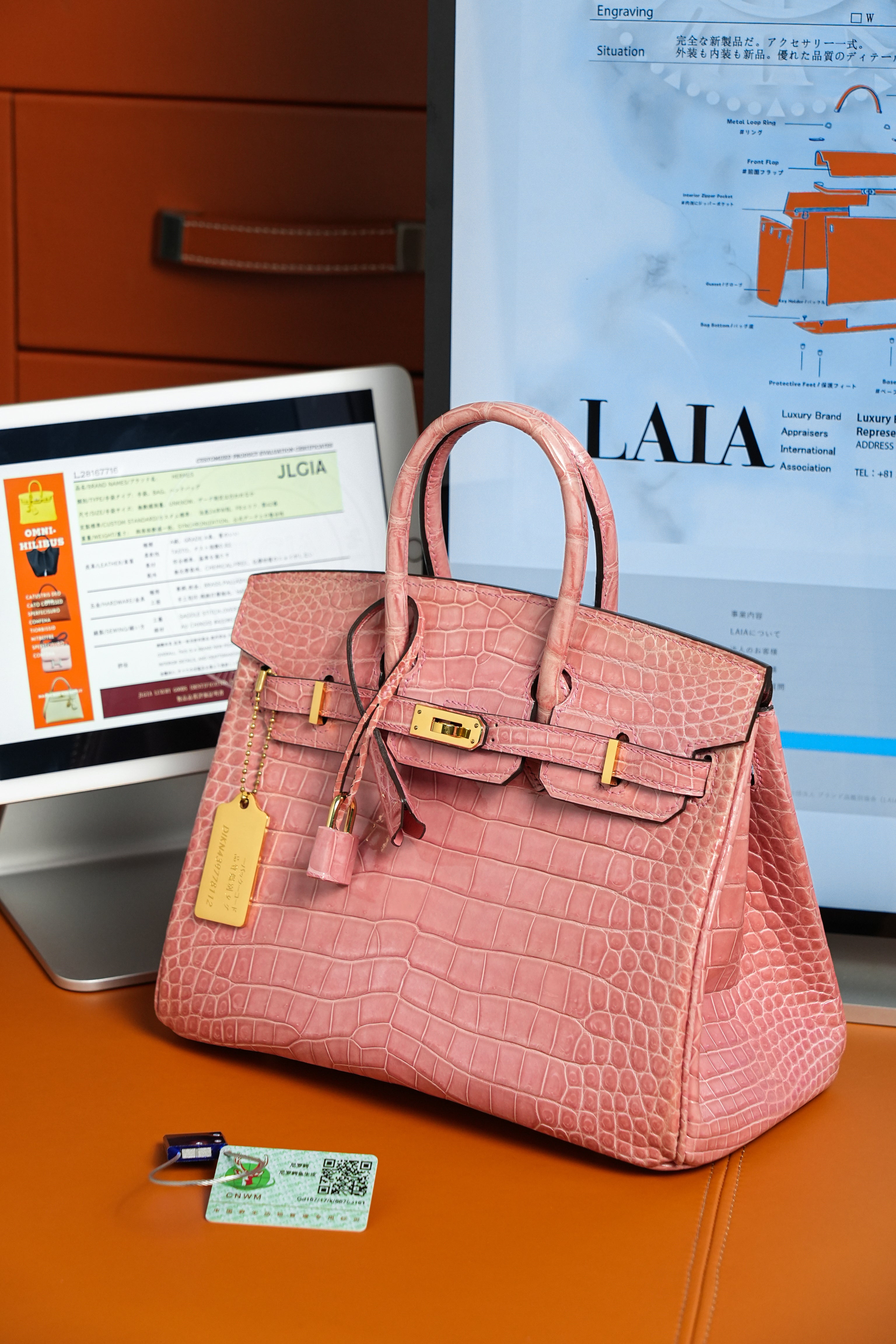 BK-2024 All Handmade Golden Hardware Fuchsia Bright surface Porosus Crocodile leather