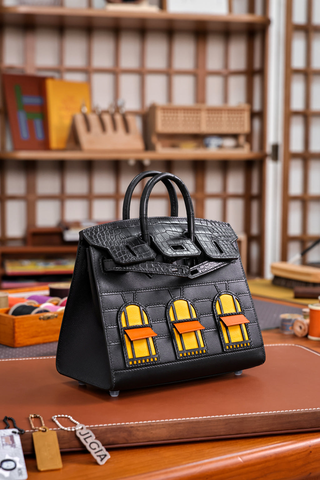 Birkin- All Handmade Golden / Sliver Noir Crocodile leather