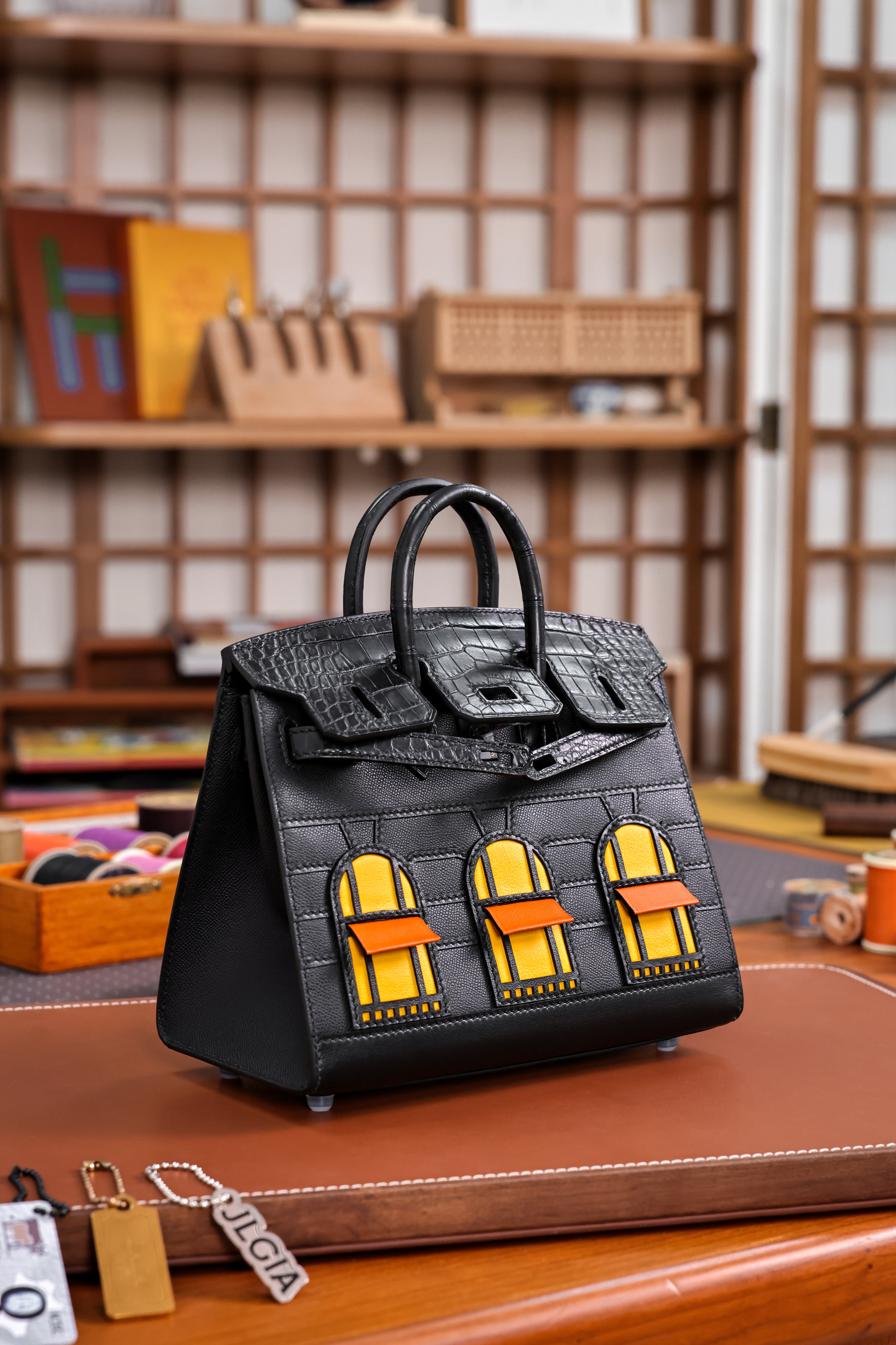 Birkin- All Handmade Golden / Sliver Noir Crocodile leather