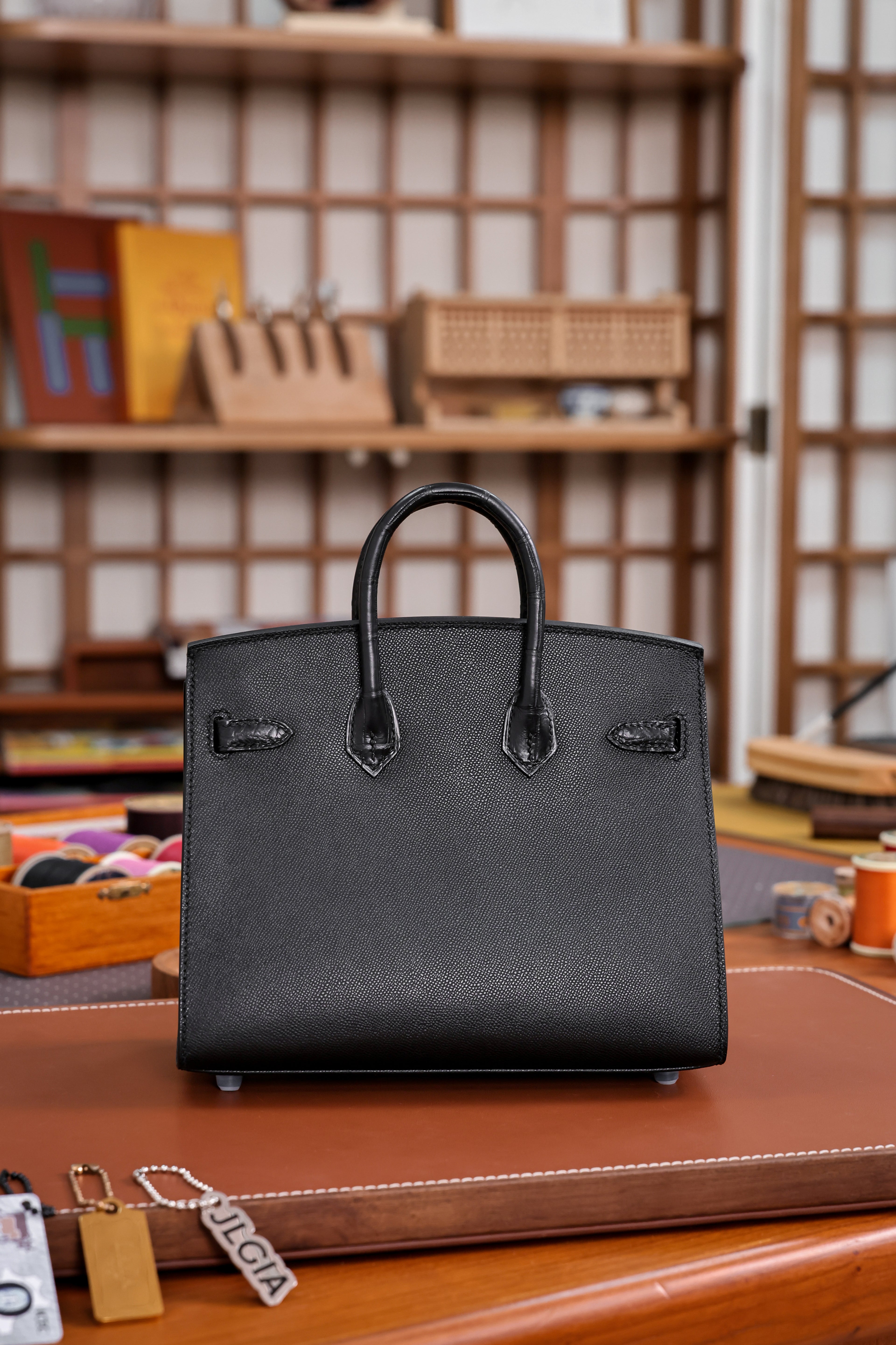 Birkin- All Handmade Golden / Sliver Noir Crocodile leather