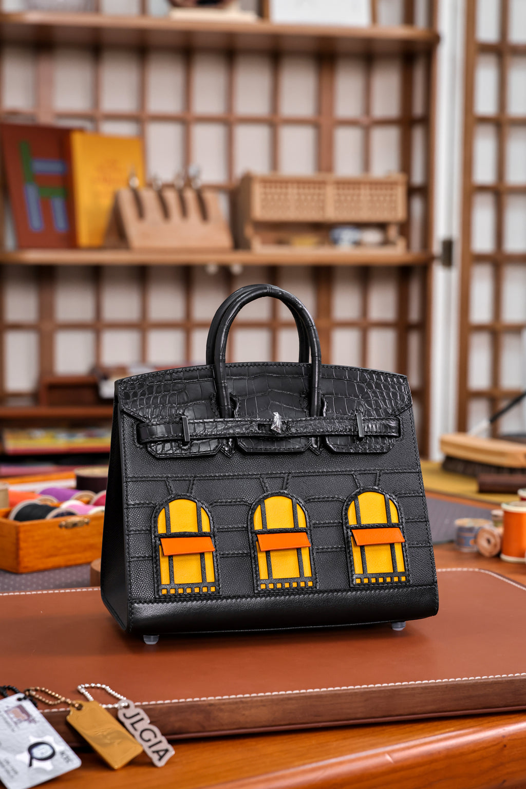 Birkin- All Handmade Golden / Sliver Noir Crocodile leather