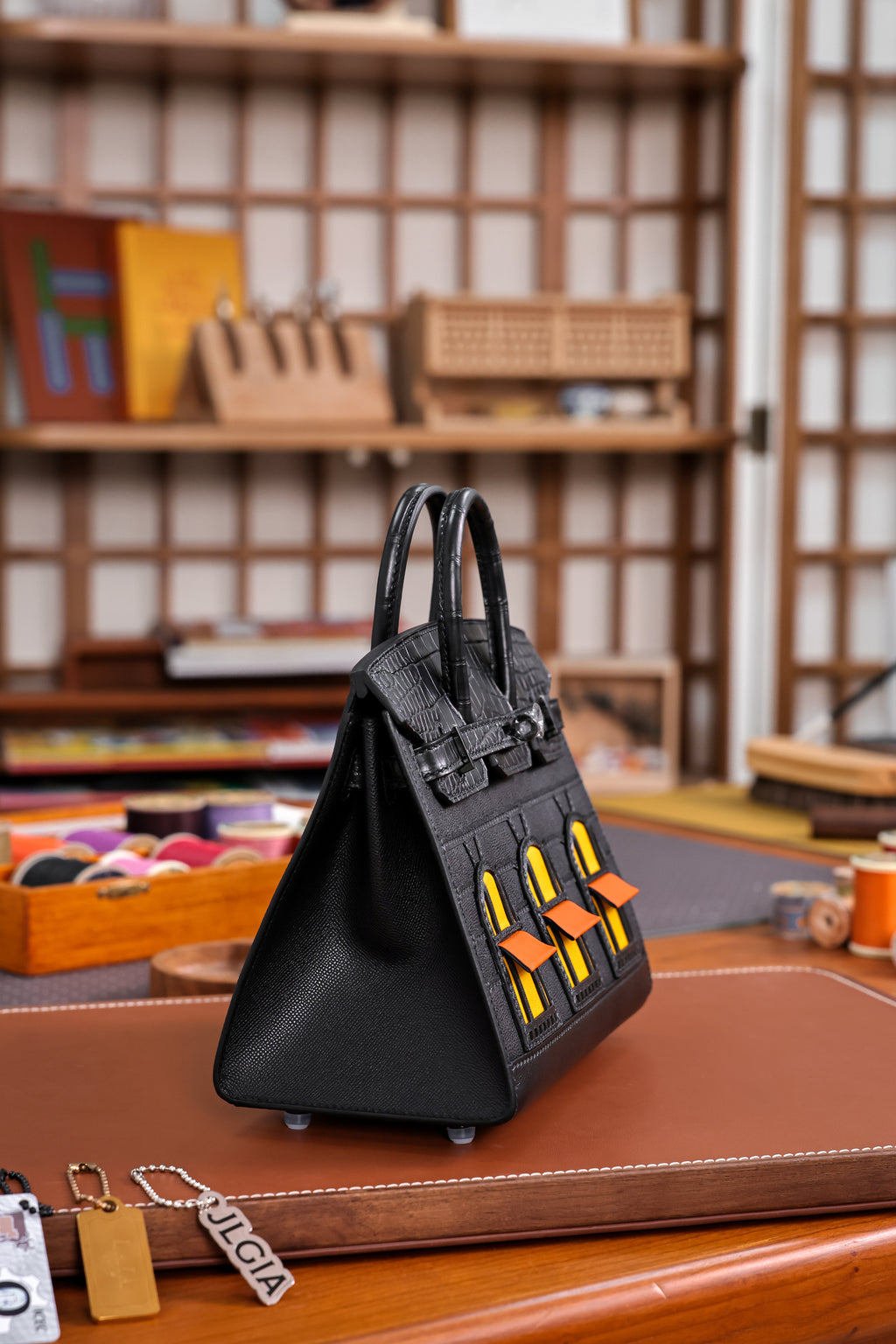 Birkin- All Handmade Golden / Sliver Noir Crocodile leather