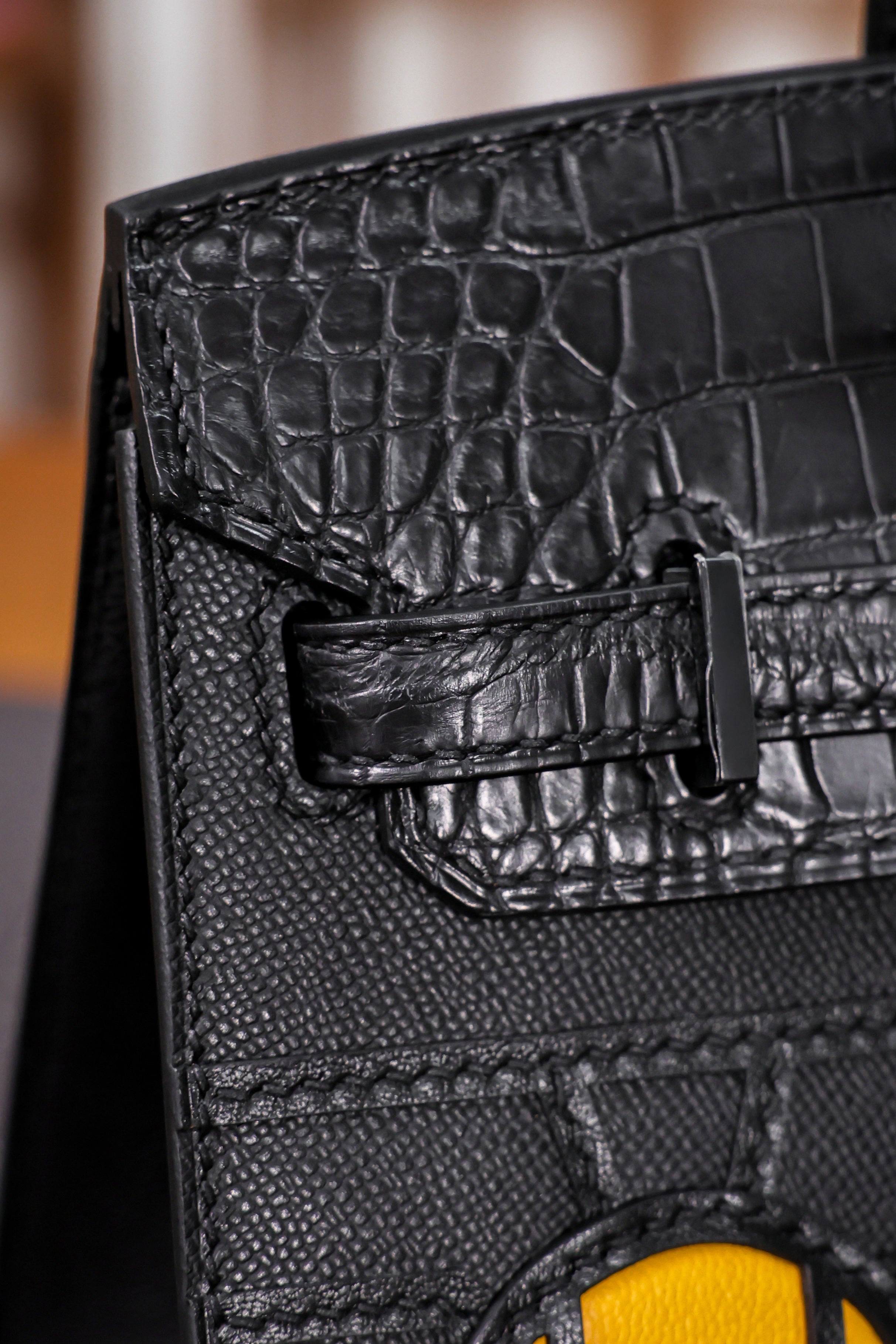 Birkin- All Handmade Golden / Sliver Noir Crocodile leather