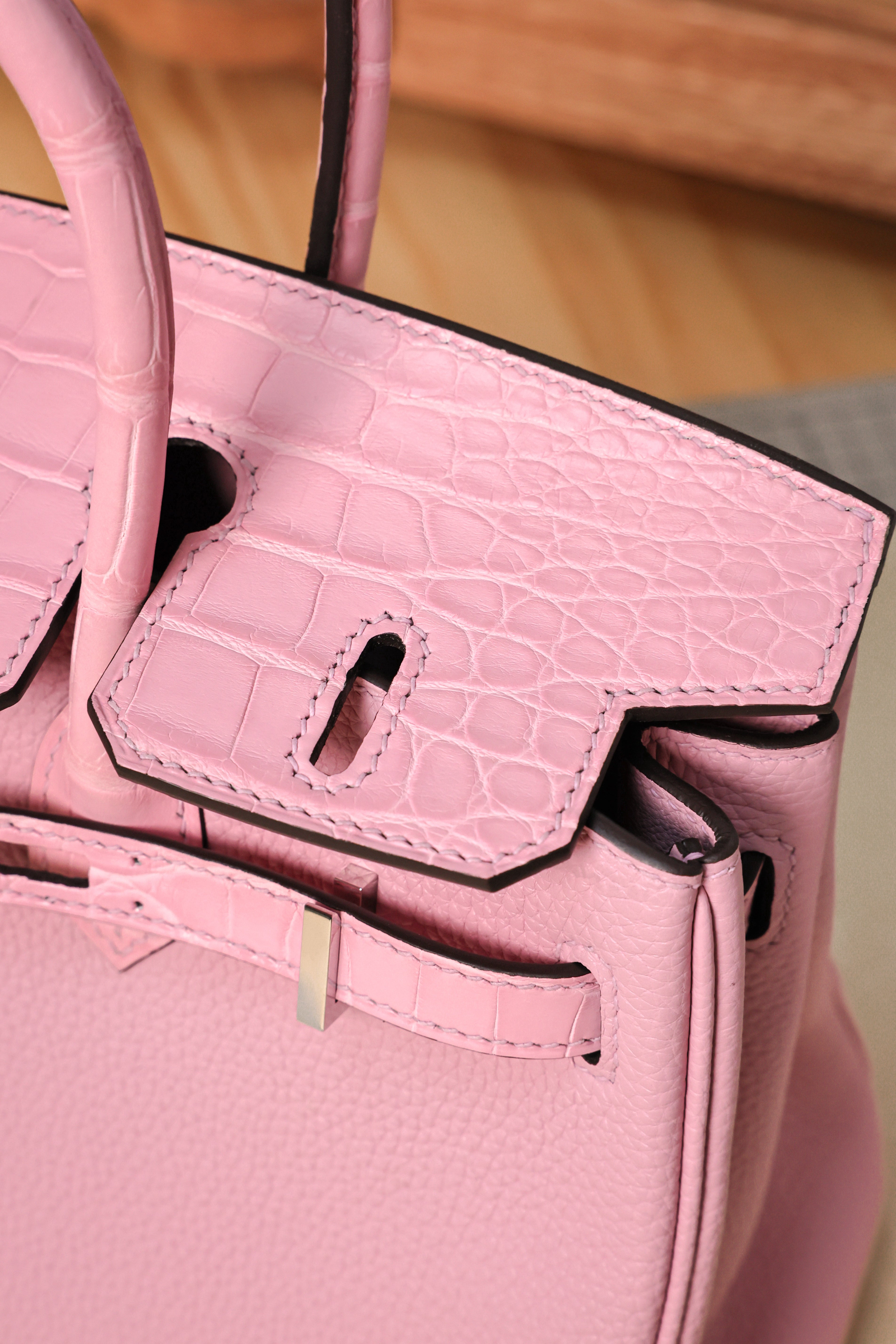 BK-2024 All Handmade Golden /Sliver Hardware Cherry Pink Crocodile/Togo leather