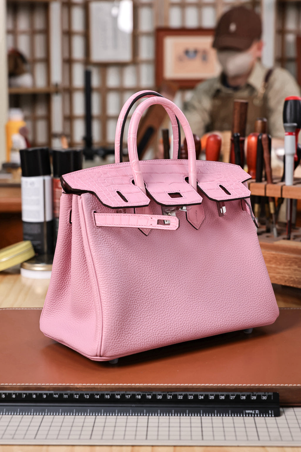 BK-2024 All Handmade Golden /Sliver Hardware Cherry Pink Crocodile/Togo leather