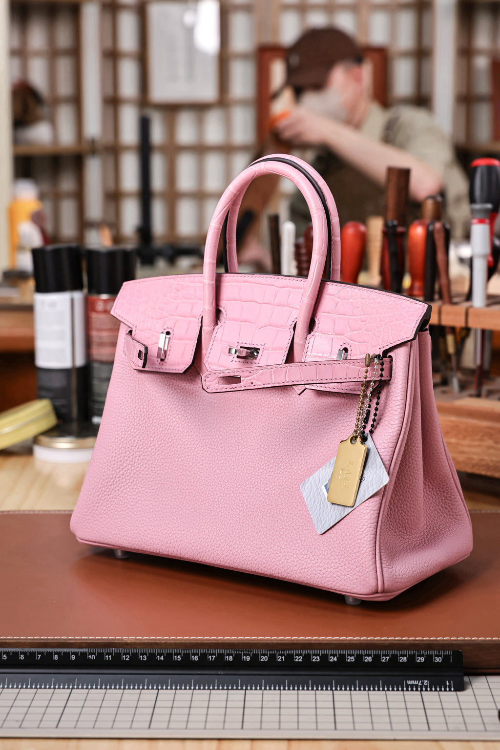 BK-2024 All Handmade Golden /Sliver Hardware Cherry Pink Crocodile/Togo leather