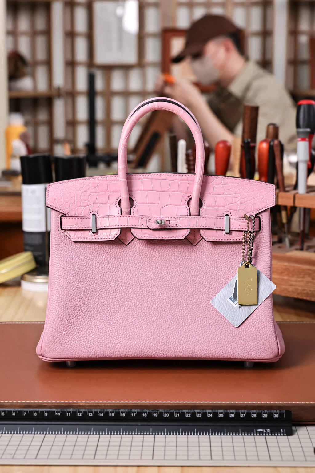 BK-2024 All Handmade Golden /Sliver Hardware Cherry Pink Crocodile/Togo leather
