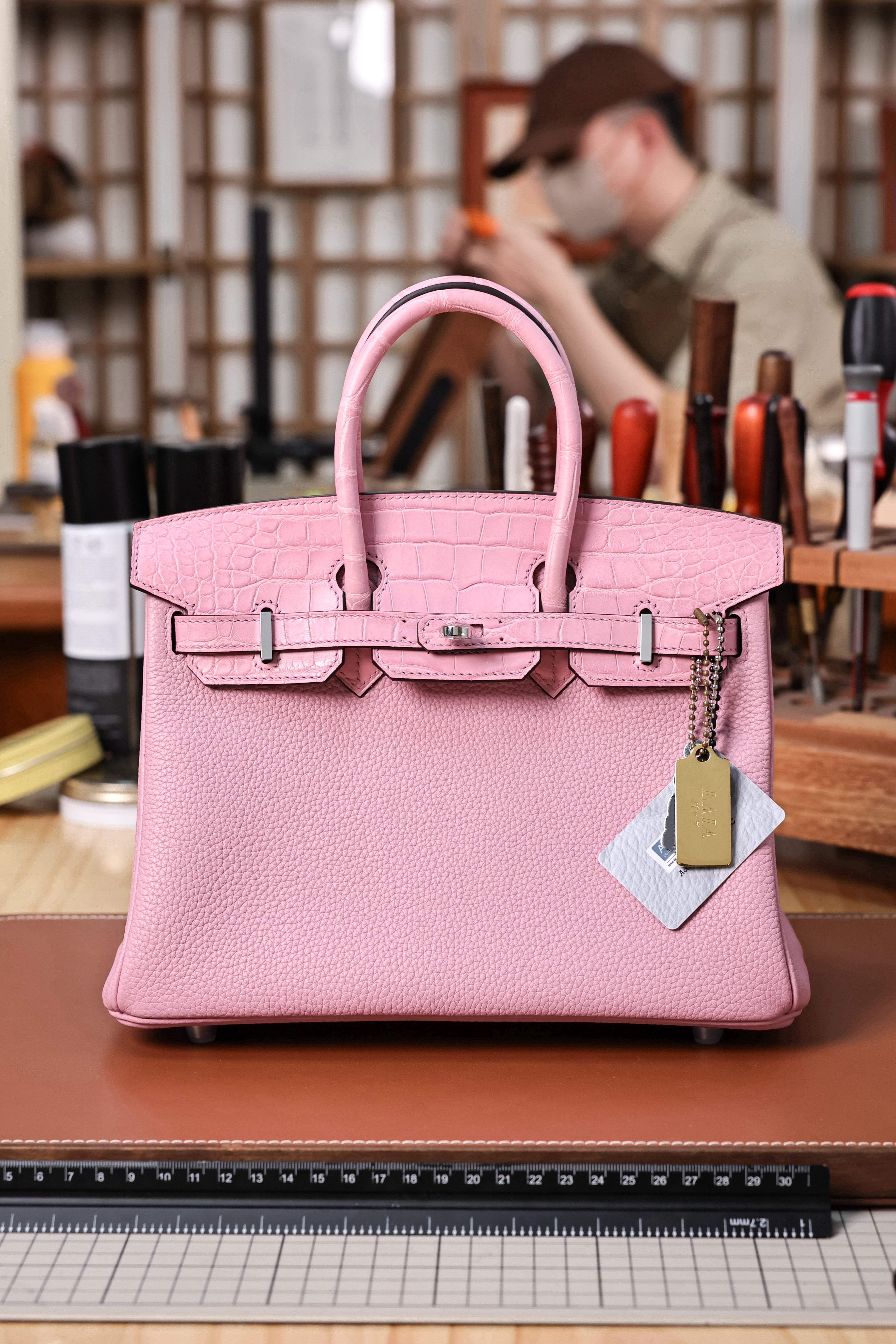 BK-2024 All Handmade Golden /Sliver Hardware Cherry Pink Crocodile/Togo leather