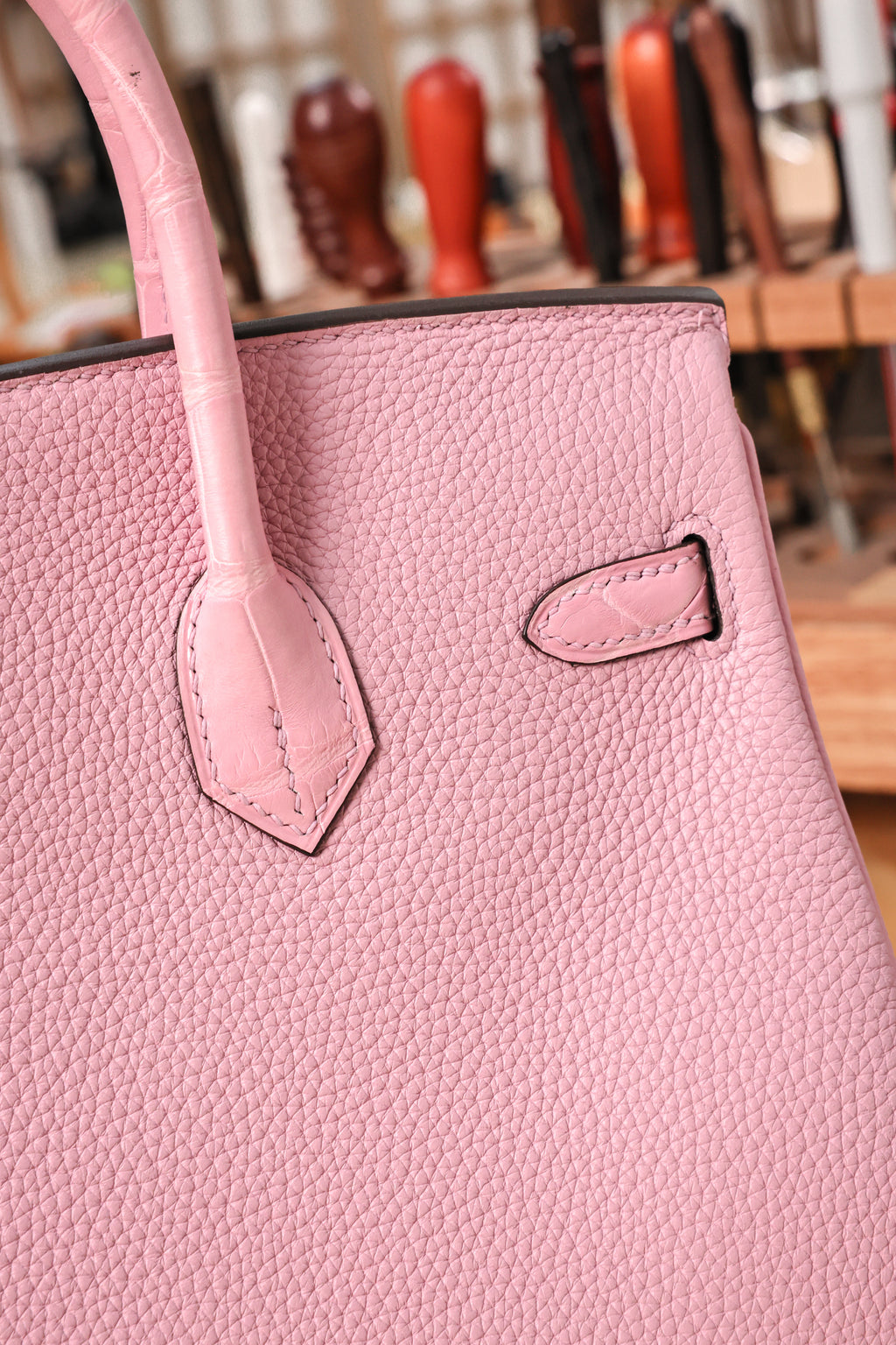 BK-2024 All Handmade Golden /Sliver Hardware Cherry Pink Crocodile/Togo leather