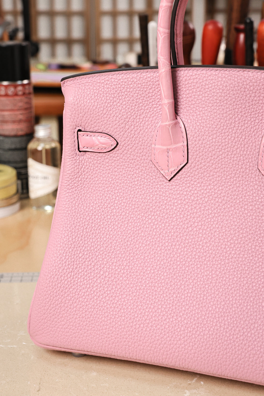 BK-2024 All Handmade Golden /Sliver Hardware Cherry Pink Crocodile/Togo leather