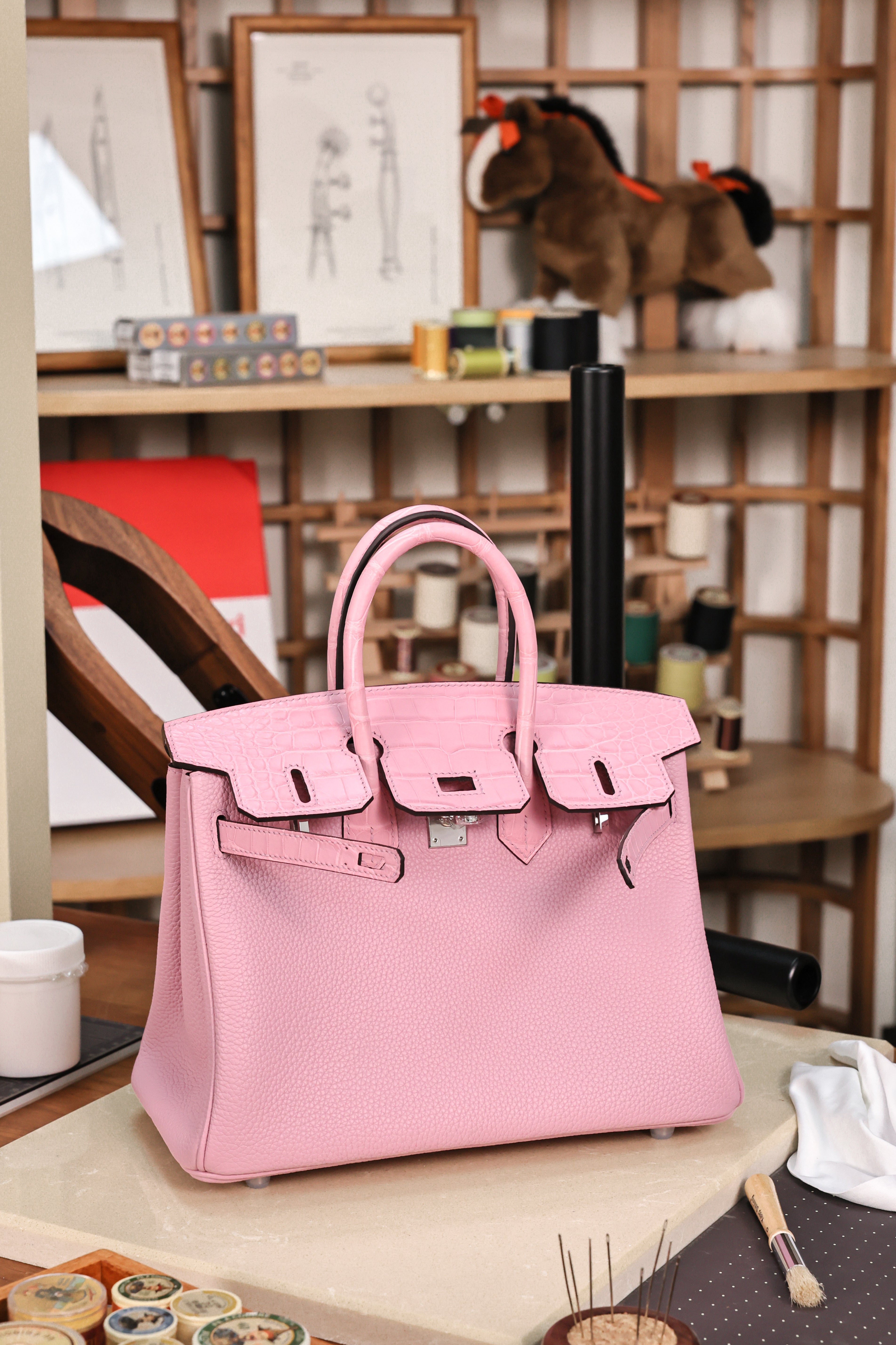 BK-2024 All Handmade Golden /Sliver Hardware Cherry Pink Crocodile/Togo leather